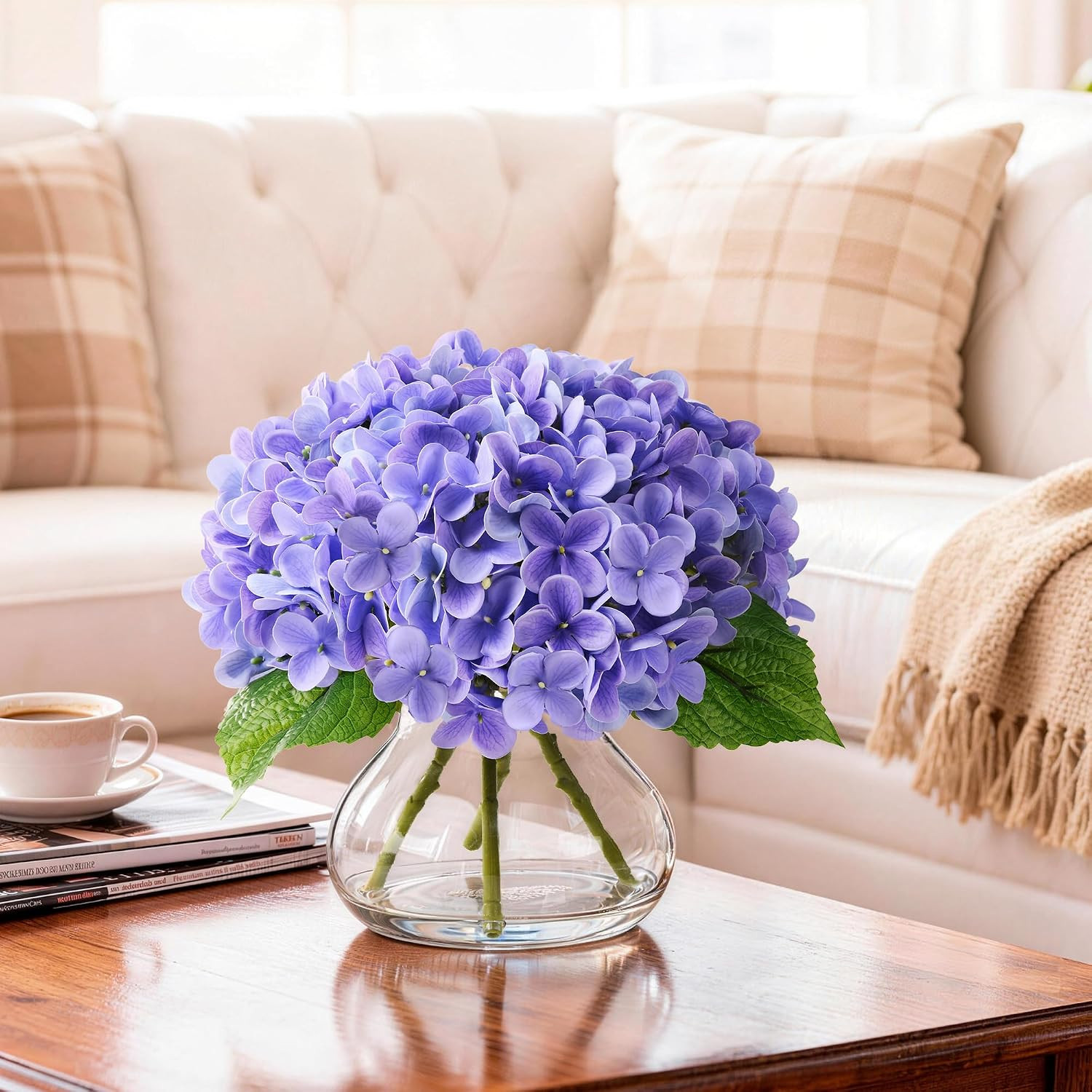 Purple Real Touch Faux Hydrangea in Glass Vase – No Watering Needed Decor