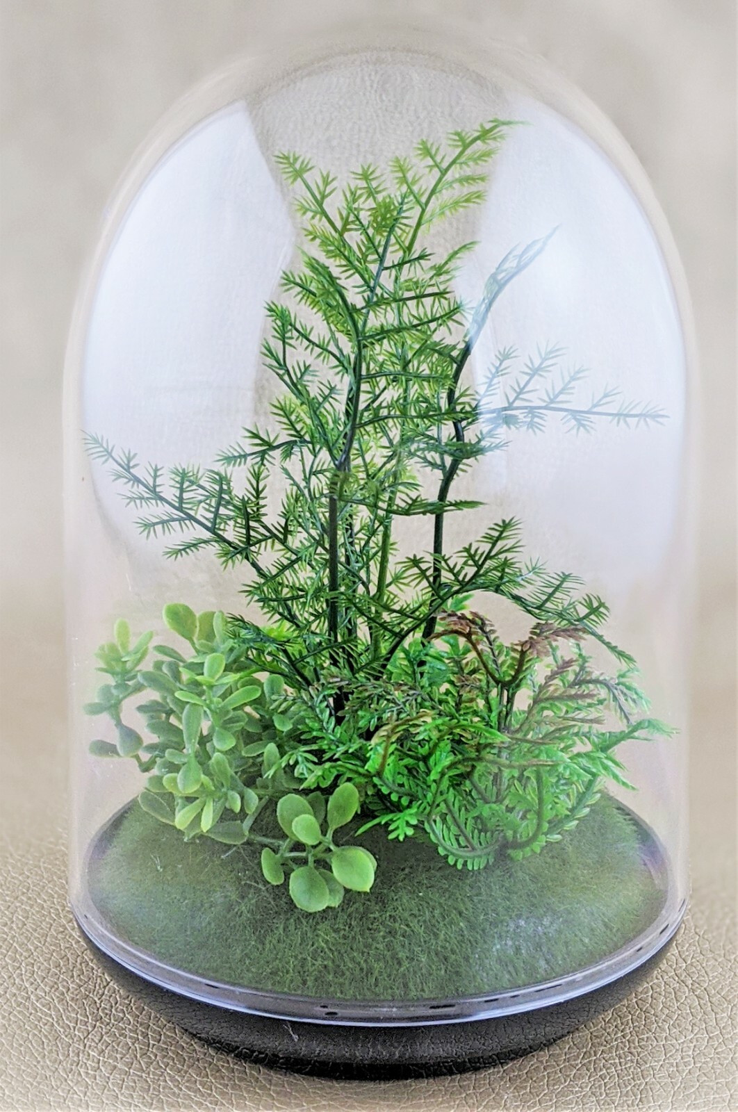R29 Invandig Artificial terrarium 6 ” clear dome w artificial greenery decor