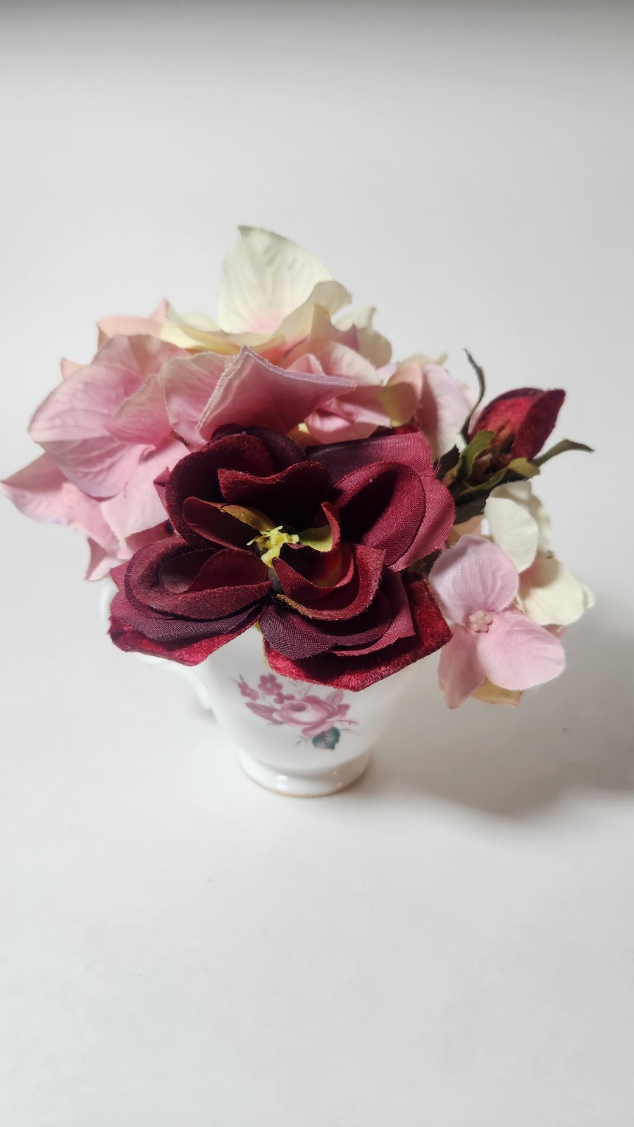 Queen Anne Bone China Artificial Flower Arrangement Teacup Rose Hydrangea