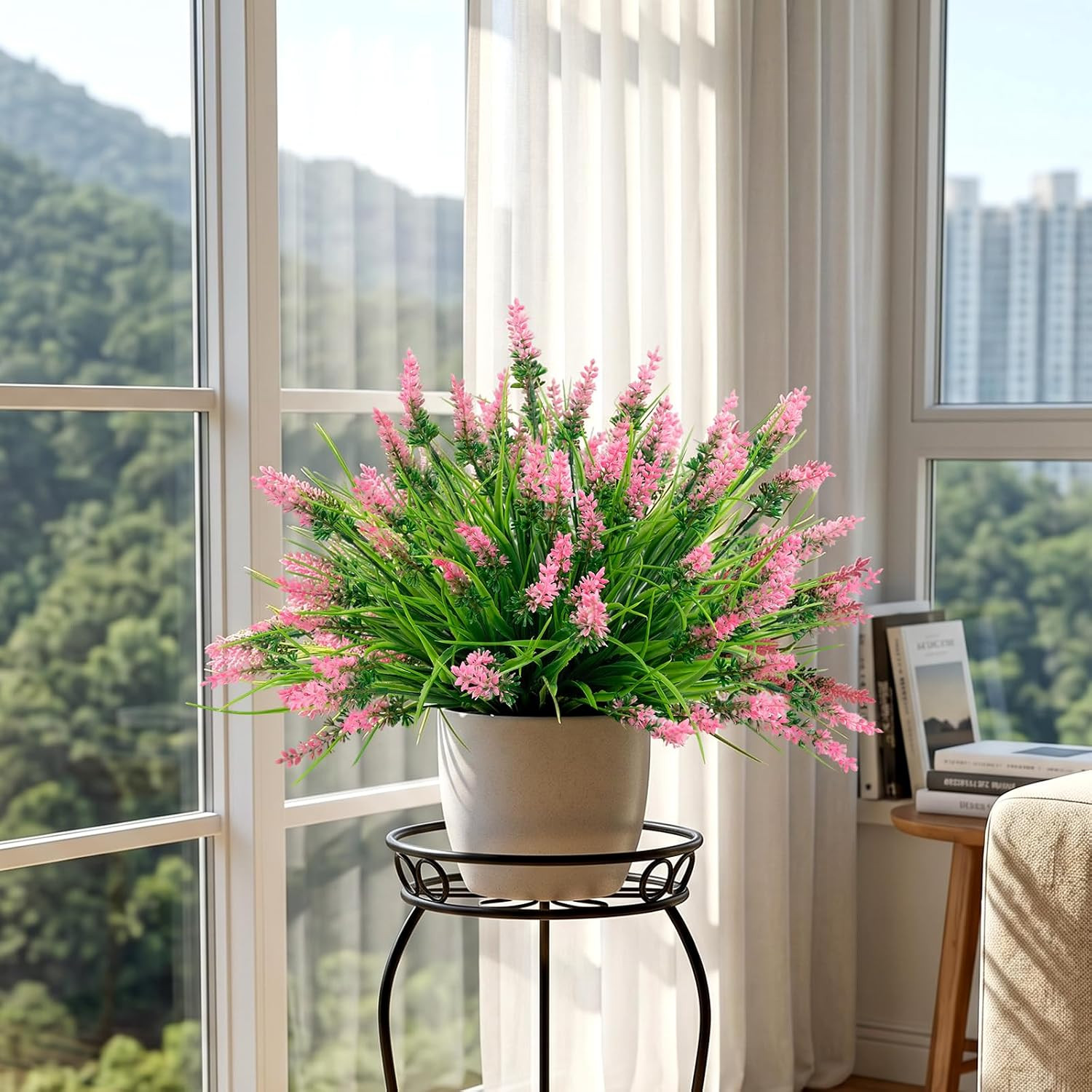 48Pcs UV Resistant Fake Monkey Grass with Pink Flowers for Home & Garden Decor
