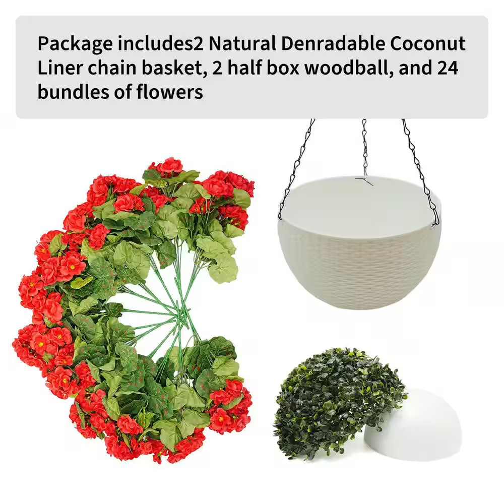 2-Set 10 In. Red Artificial Geranium Flowers W/ White Basket, Artificial Hanging