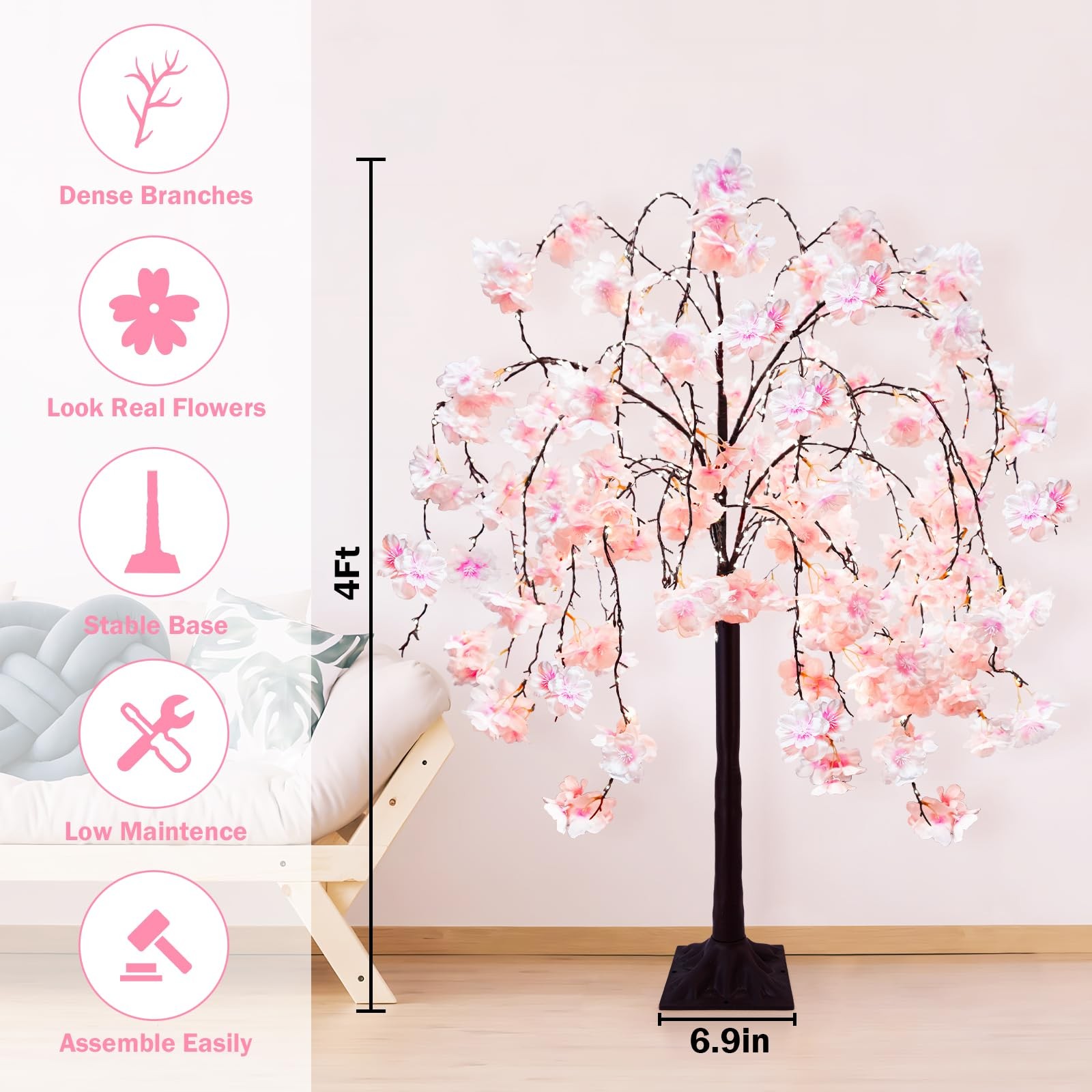 4FT Cherry Blossom Tree with 360 LED Fairy Lights Artificial Lighted Tree wit…