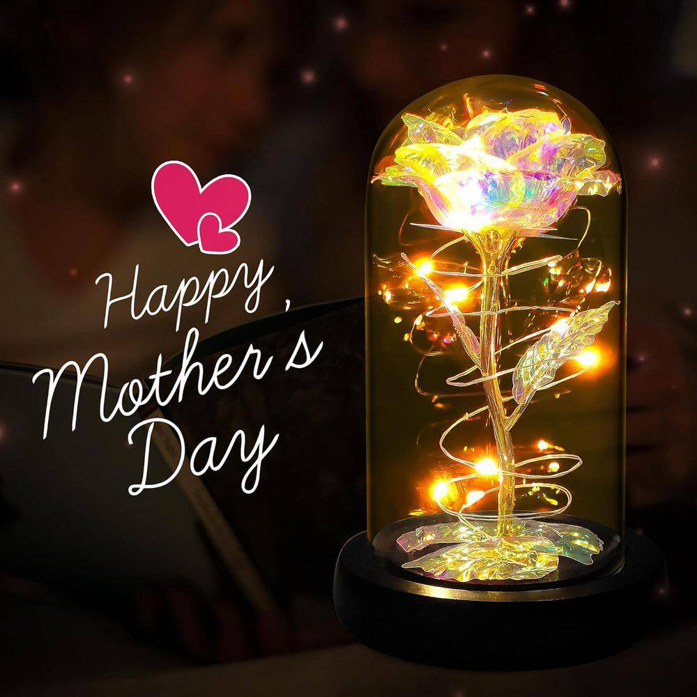 6.1 In. H Colorful Artificial Rose in Glass Dome with LED Lighting for Women