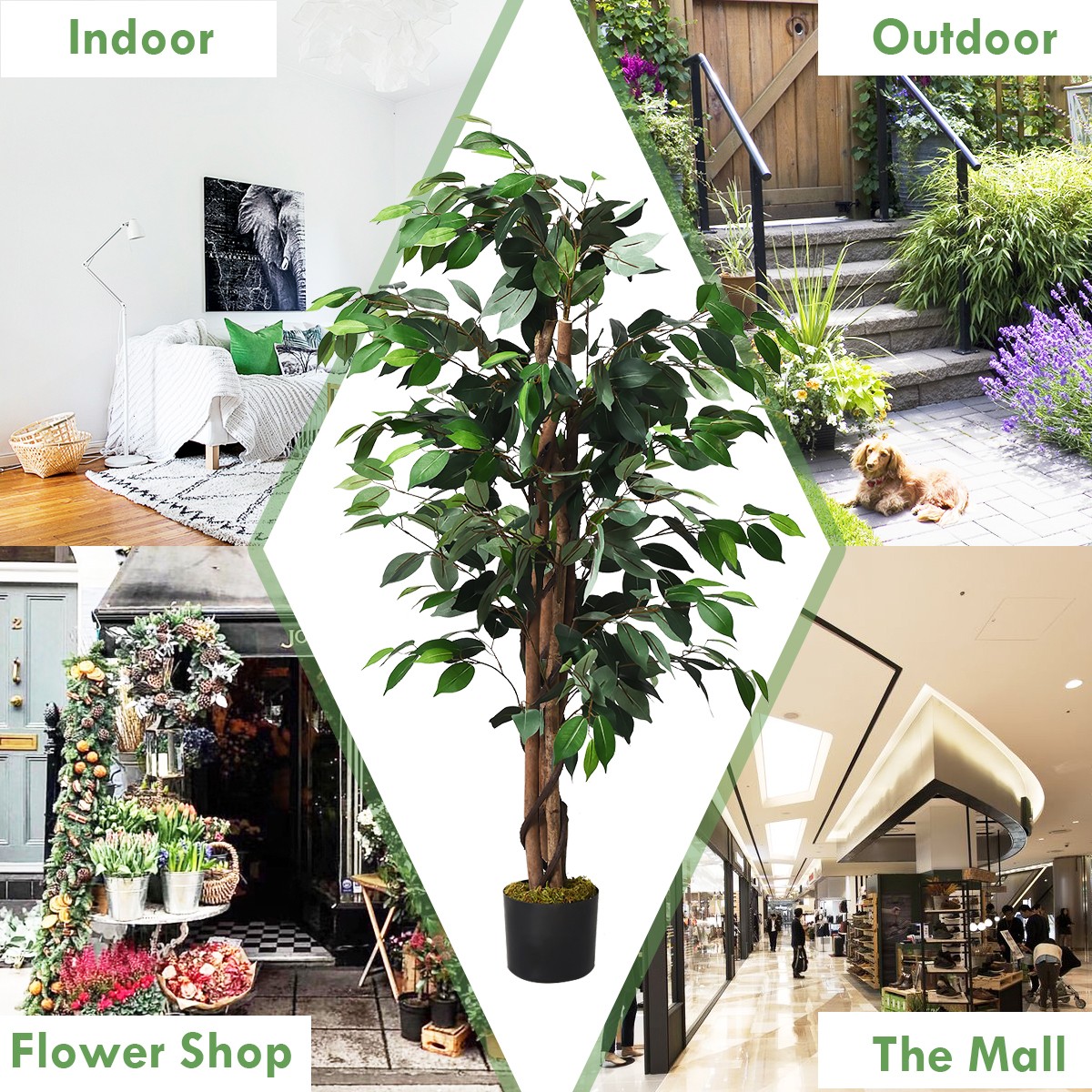4 Ft Artificial Ficus Silk Tree Green Ideal for Indoor/Outdoor Home Decoration