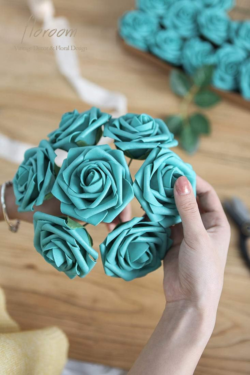 Artificial Flowers 25pcs Real Looking Teal Green Foam Fake Roses with Stems f…