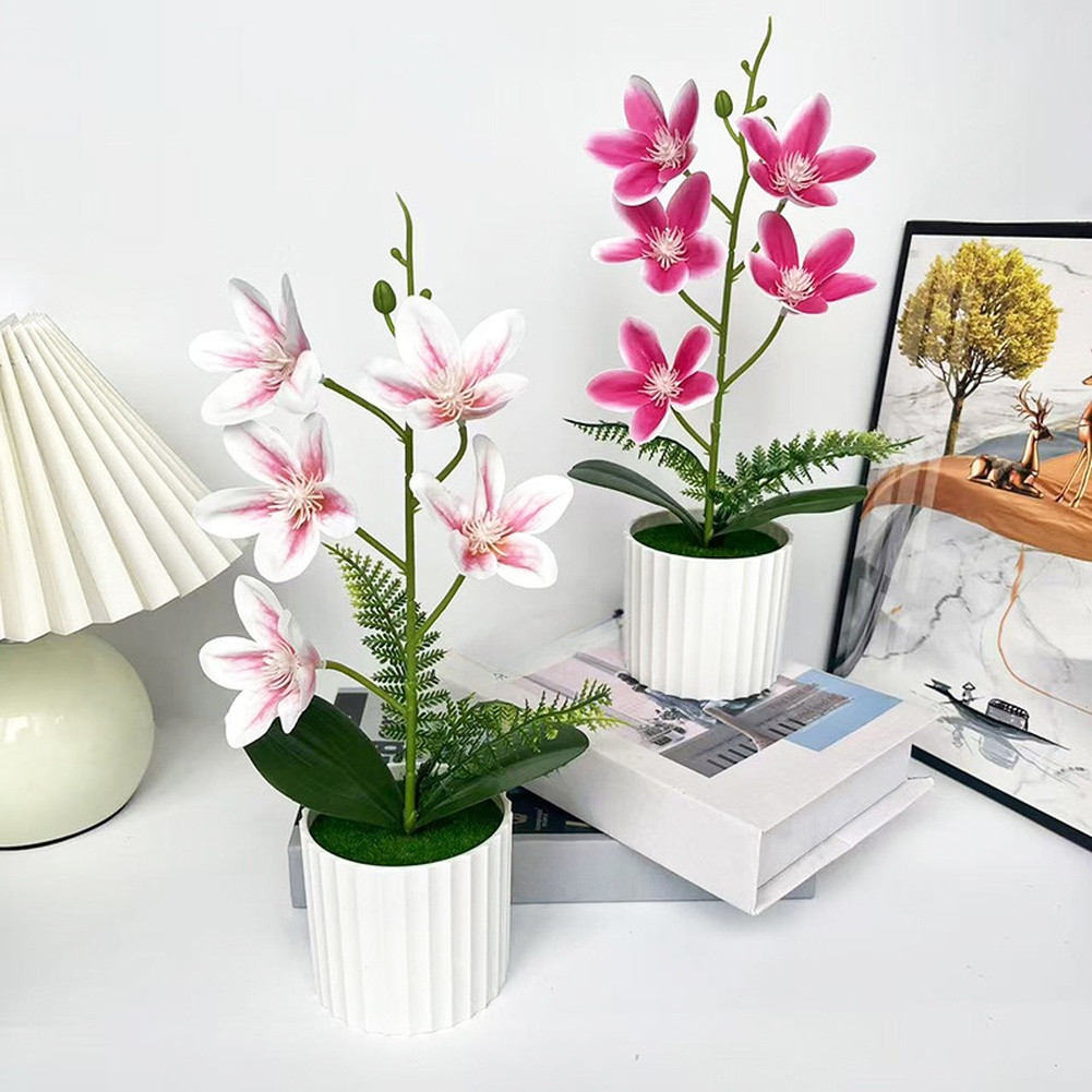 Vertical Pot Magnolia Flower Decoration with Realistic Petals and Green Leaves