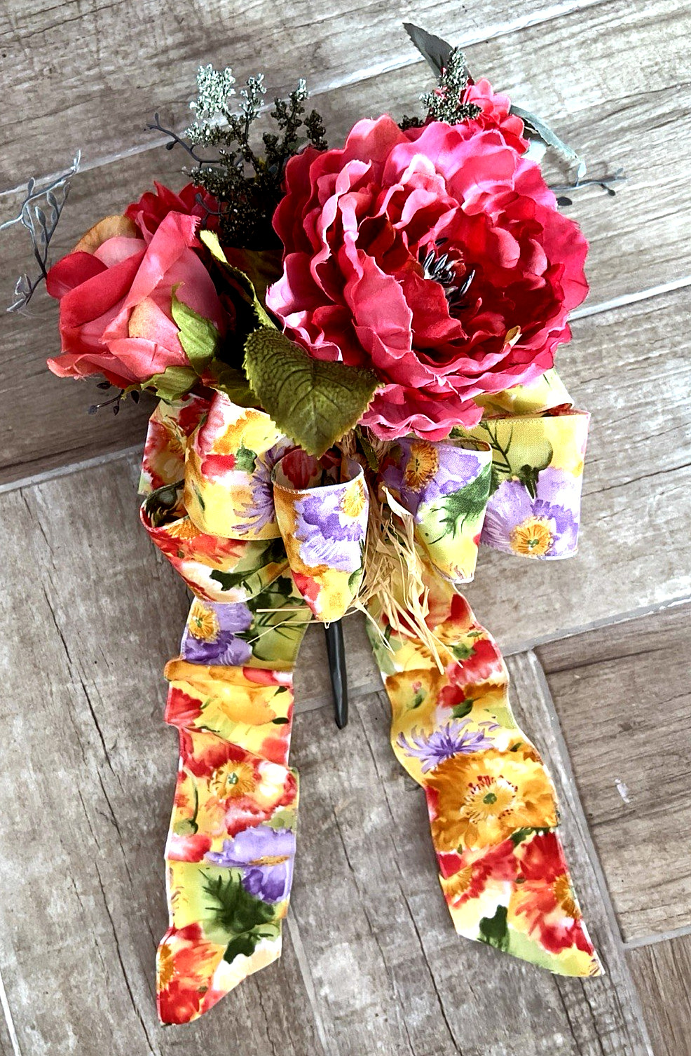 SPRING Flower BOUQUET Handmade Bow Coral Red Yellow Purple Peony Rose Zinnia