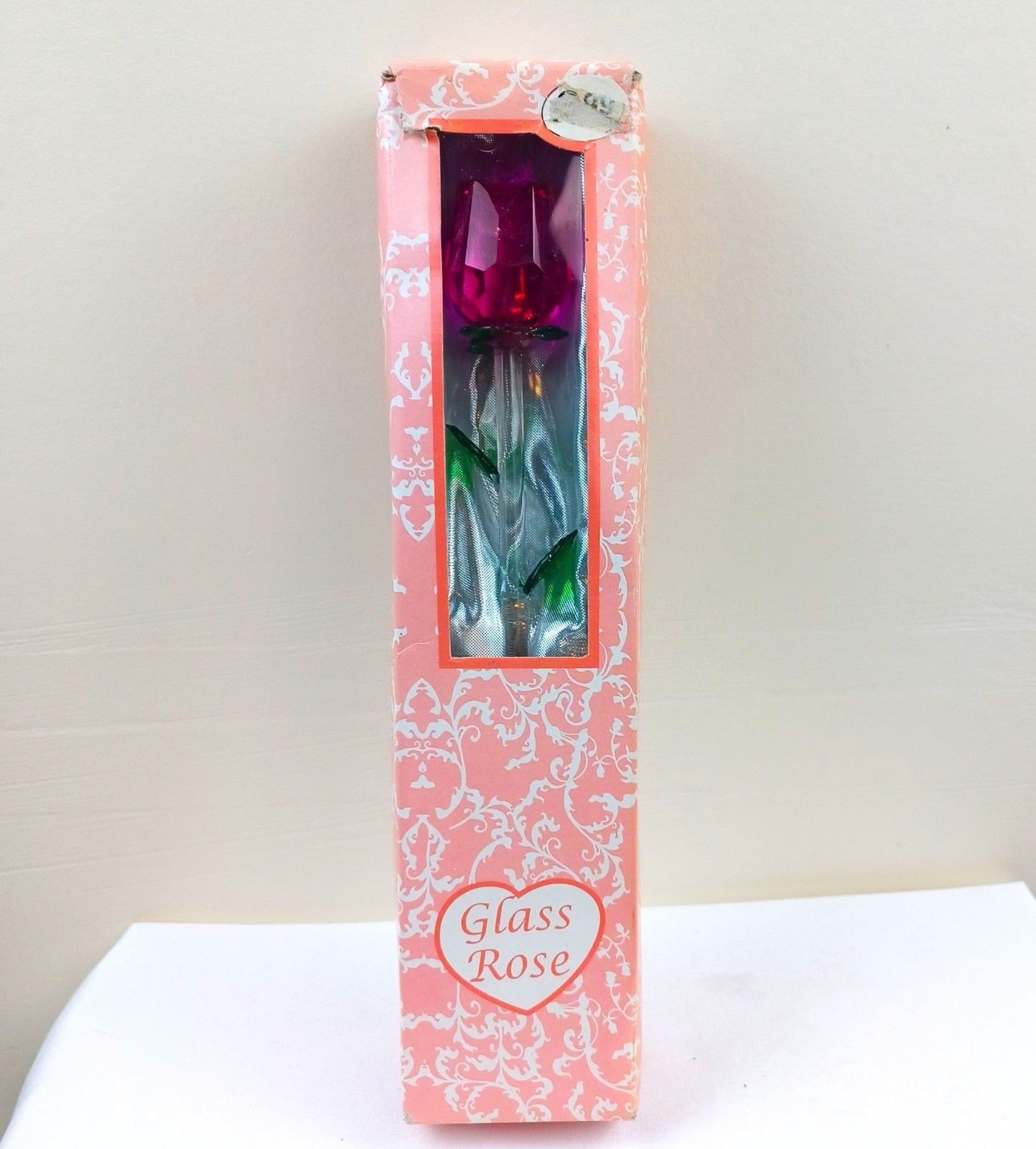 Decorative Glass Rose In Original Box Pink Stem And Green Leaves 8 Inches Long