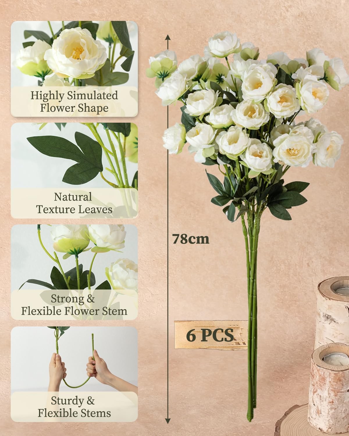 Faux Silk Peony Artificial Flowers for Vase, 6PCS Long Stem Fake Peonies with…