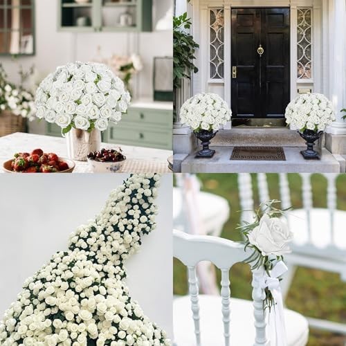 100PCS White Artificial Silk Roses Bouquet – Wedding Centerpieces, Home Decor, D