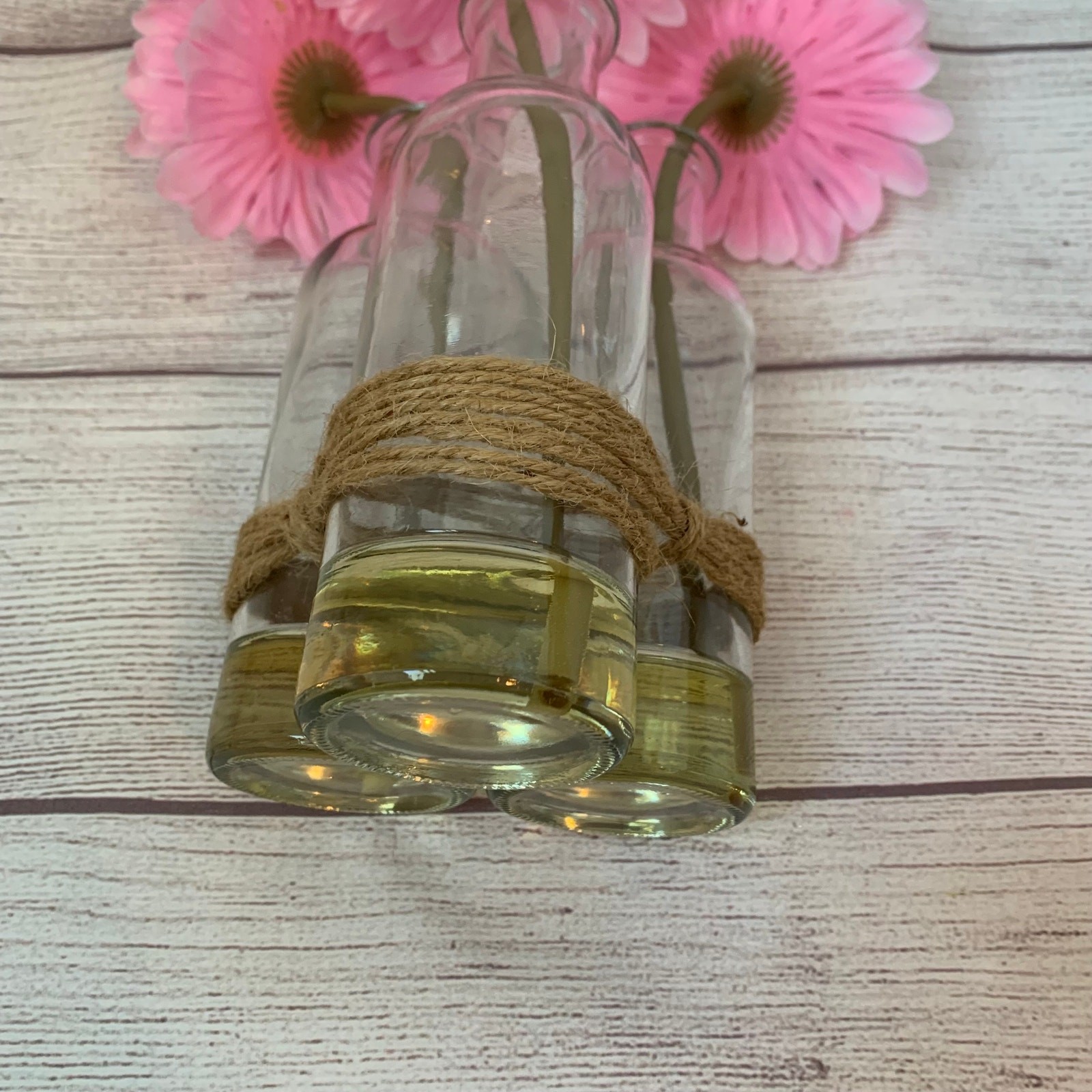 Artificial Pink Gerbera Daisies in Bottles and Twine String Faux Glued Water 9″H