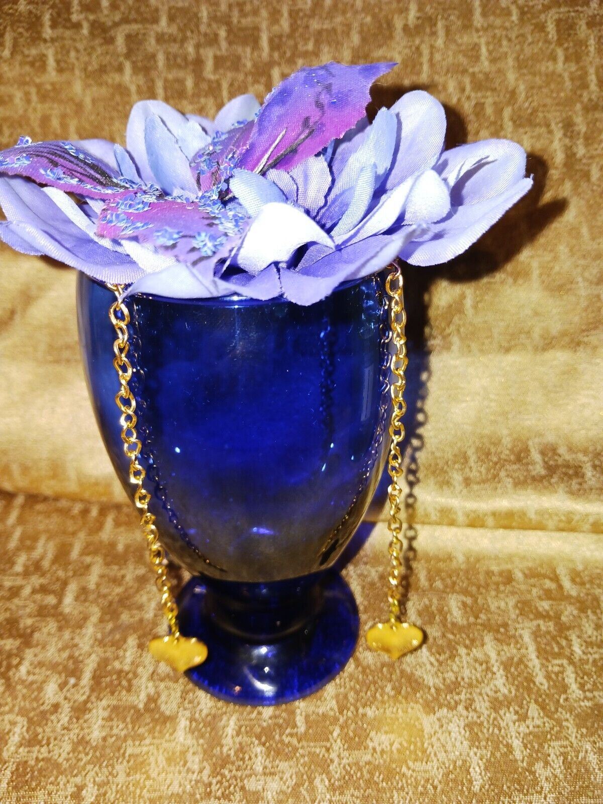 Artificial Flower Arrangement With Blue Glass Vase And Gold Chain Accent /Hearts