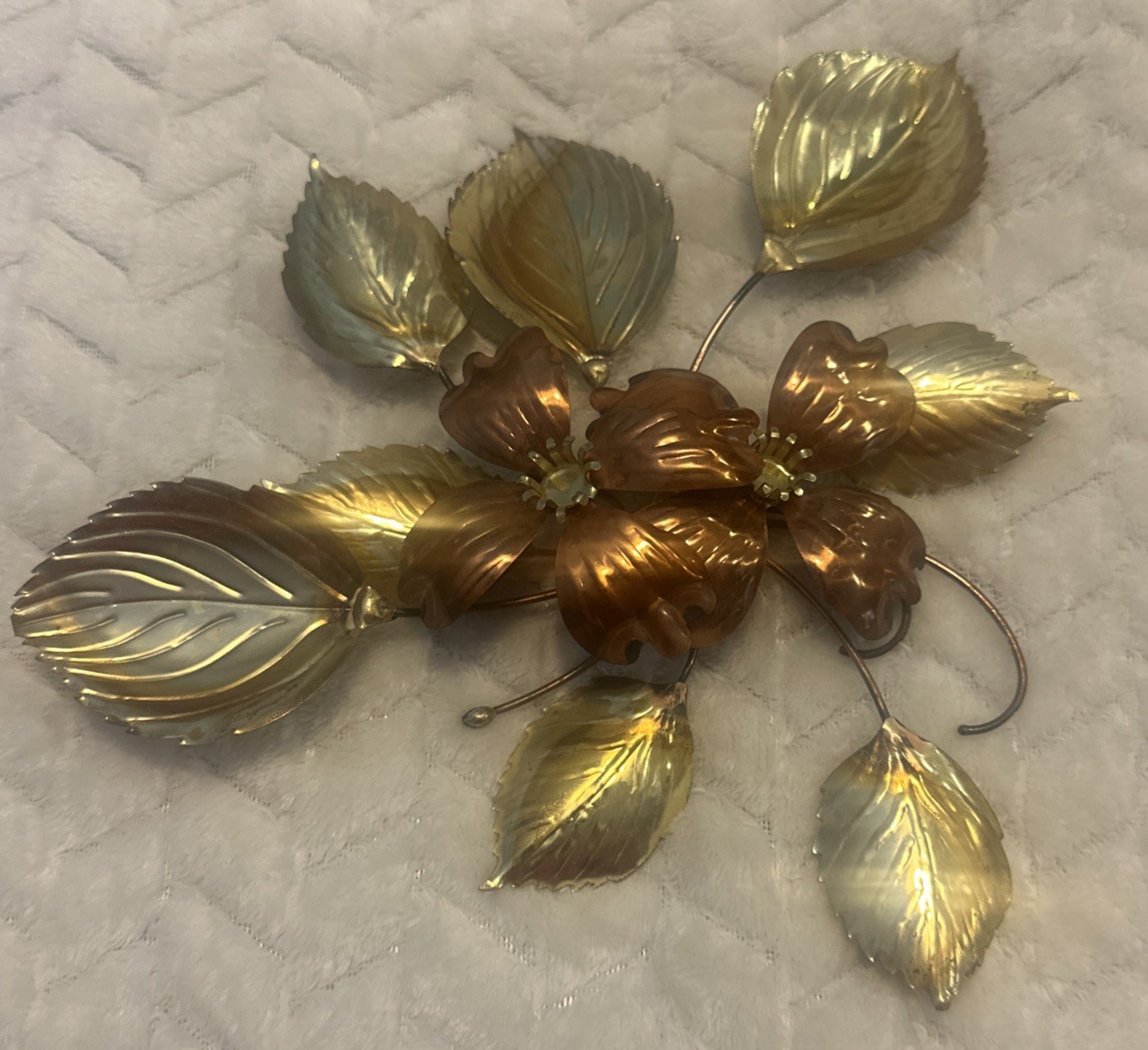 3 Gold Tone Brass & Copper Flower Roses Leaf Metal Wall Hanging Decor Set