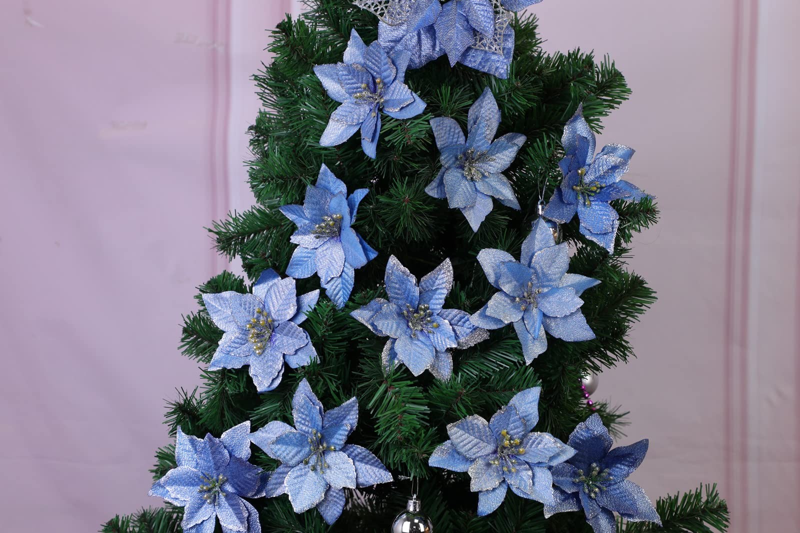 Christmas Glitter Poinsettia Christmas Tree Ornaments Decoration Blue 12 PCS