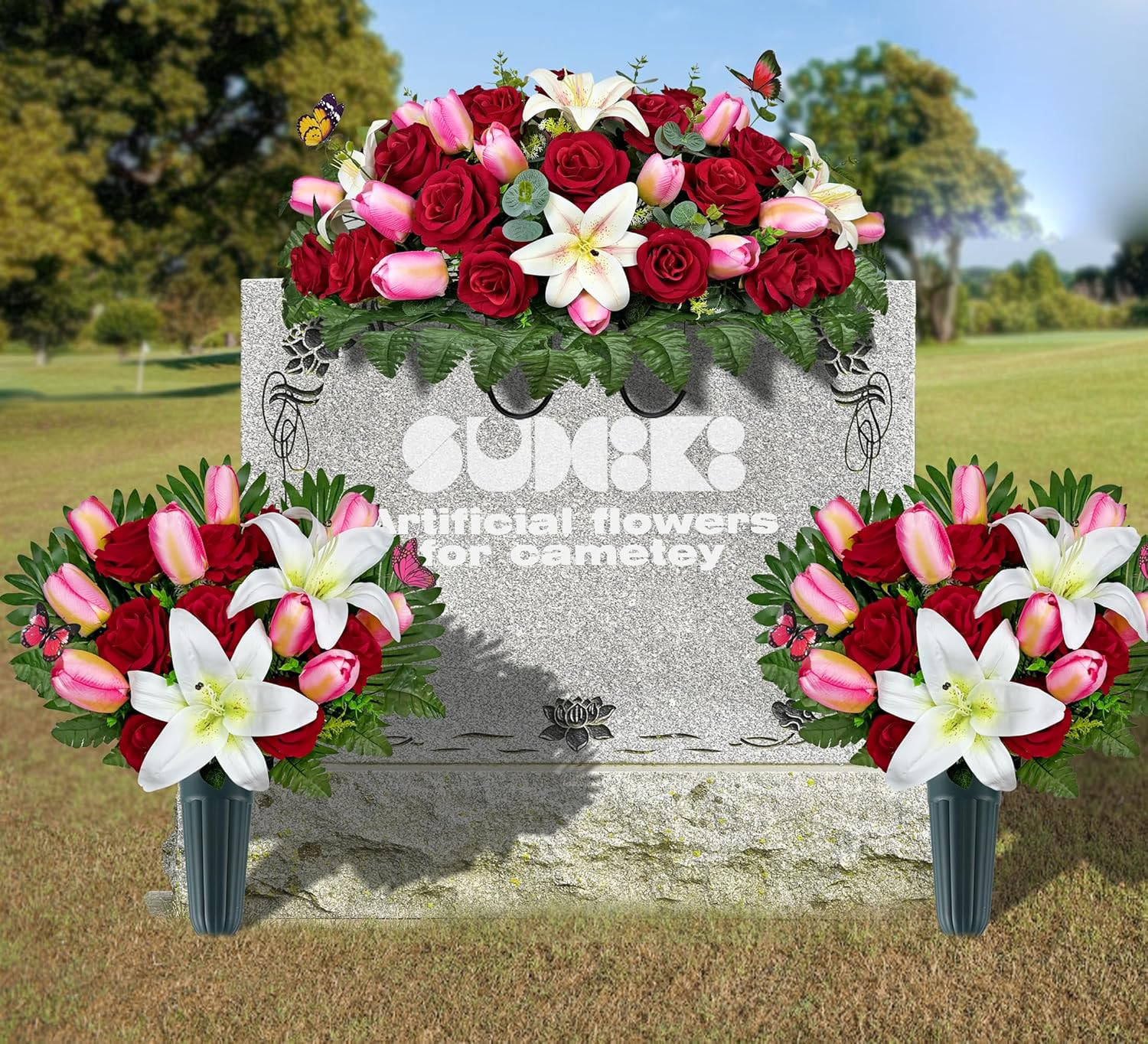 Realistic Silk Cemetery Flowers – Pink Tulip, White Lily, Red Rose Saddle Decor