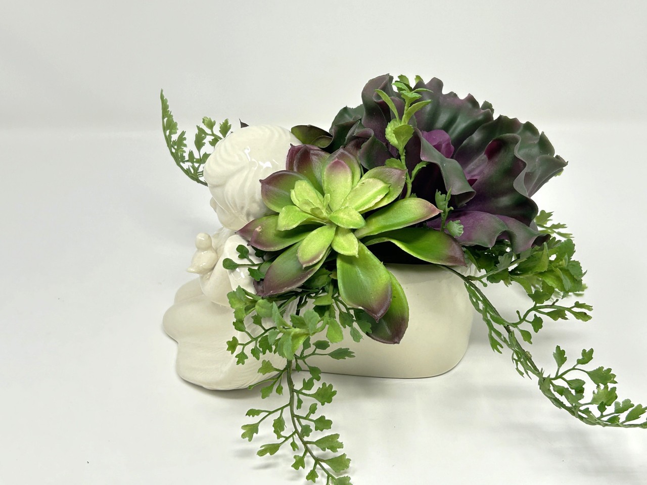 VINTAGE Ceramic CHERUB Angel planter with Artificial Echeveria Succulents & Fern