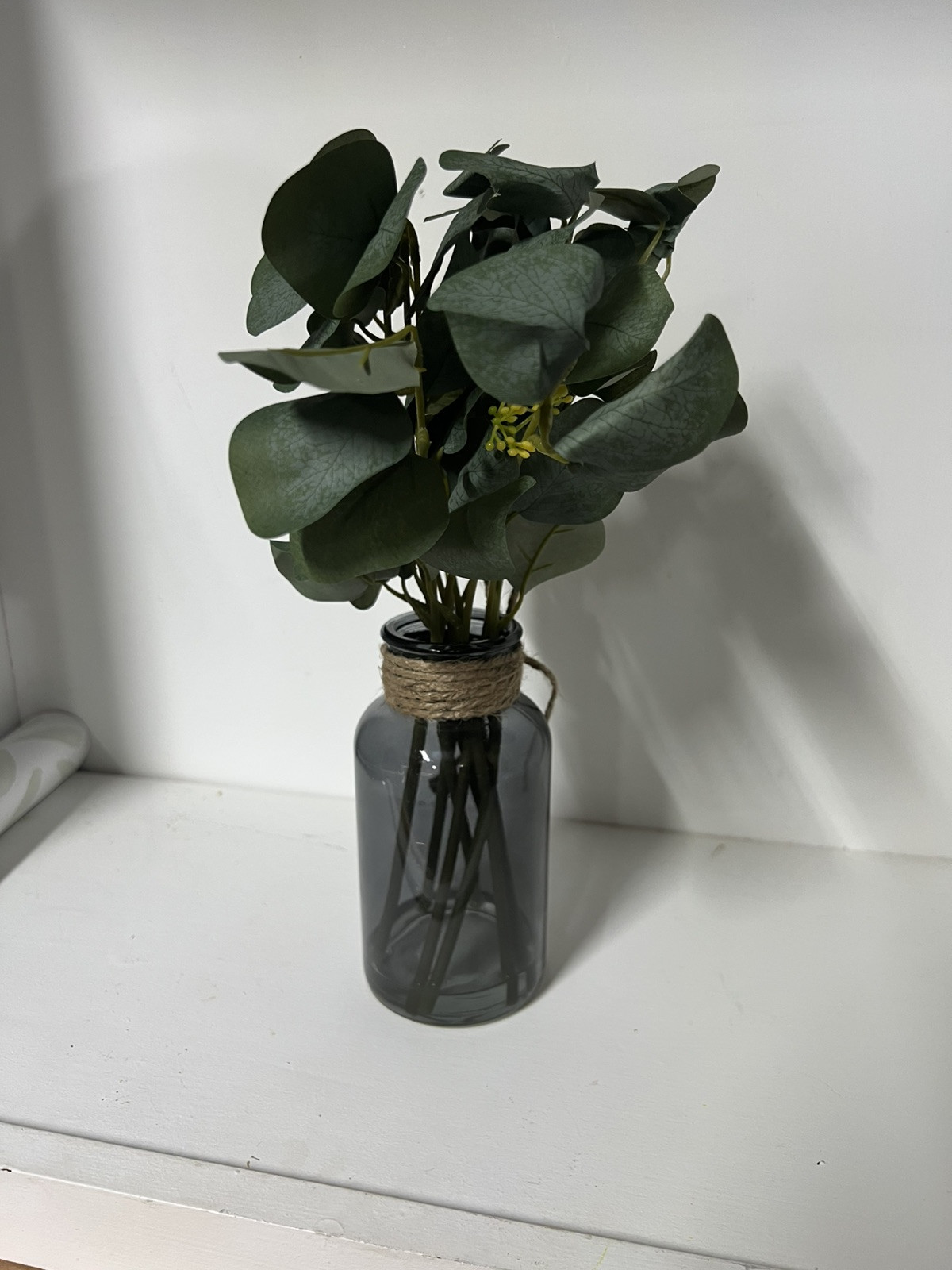 Artificial Eucalyptus Stems in Black Glass Vase with Faux Water, 14″, With Bow