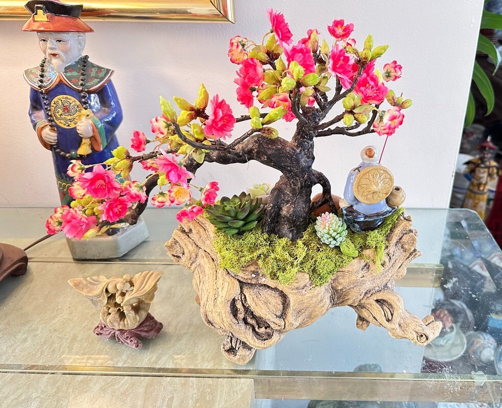 Bonsai Planter Artificial Bonsai Cherry Blossom Tree With Chinese Mud Man Realis
