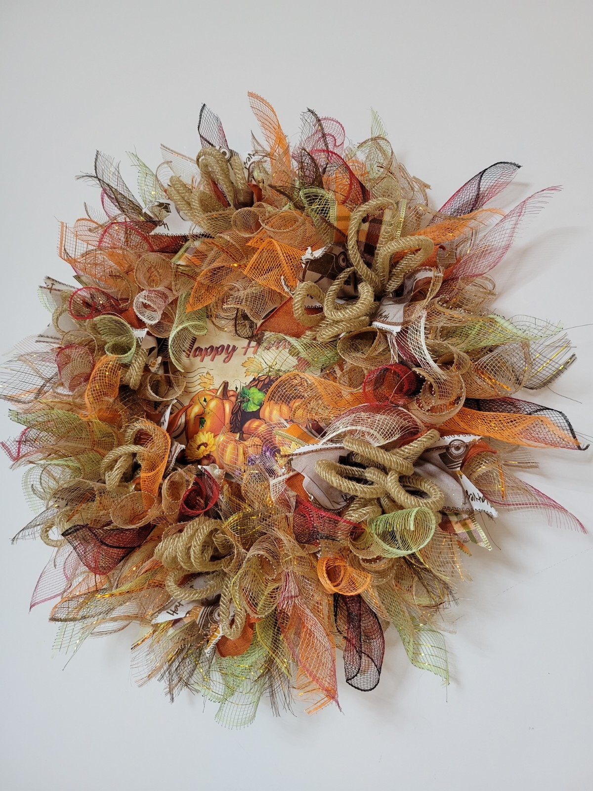HAPPY HARVEST autumn Spring Mesh Front Door Wreath Wall Decor Bright colors