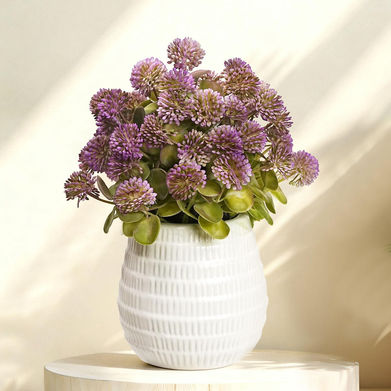 Mauve Artificial Flower Balls in White Ceramic Vase – 11″ Fake mums Arrangeme…