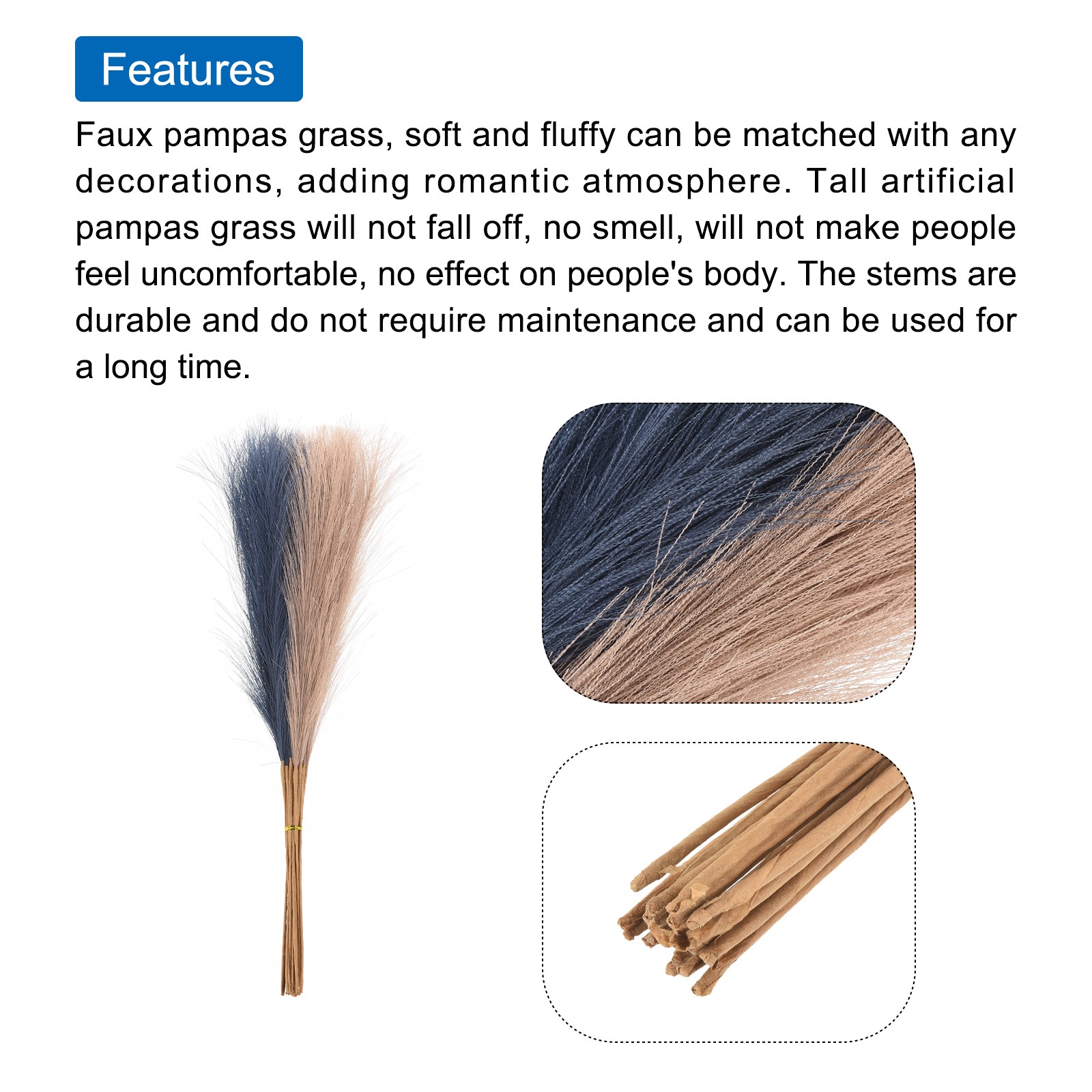 20 x Faux Pampas Grass,21″/55cm Fake Pampas Grass Decor,Dark Blue/Brown