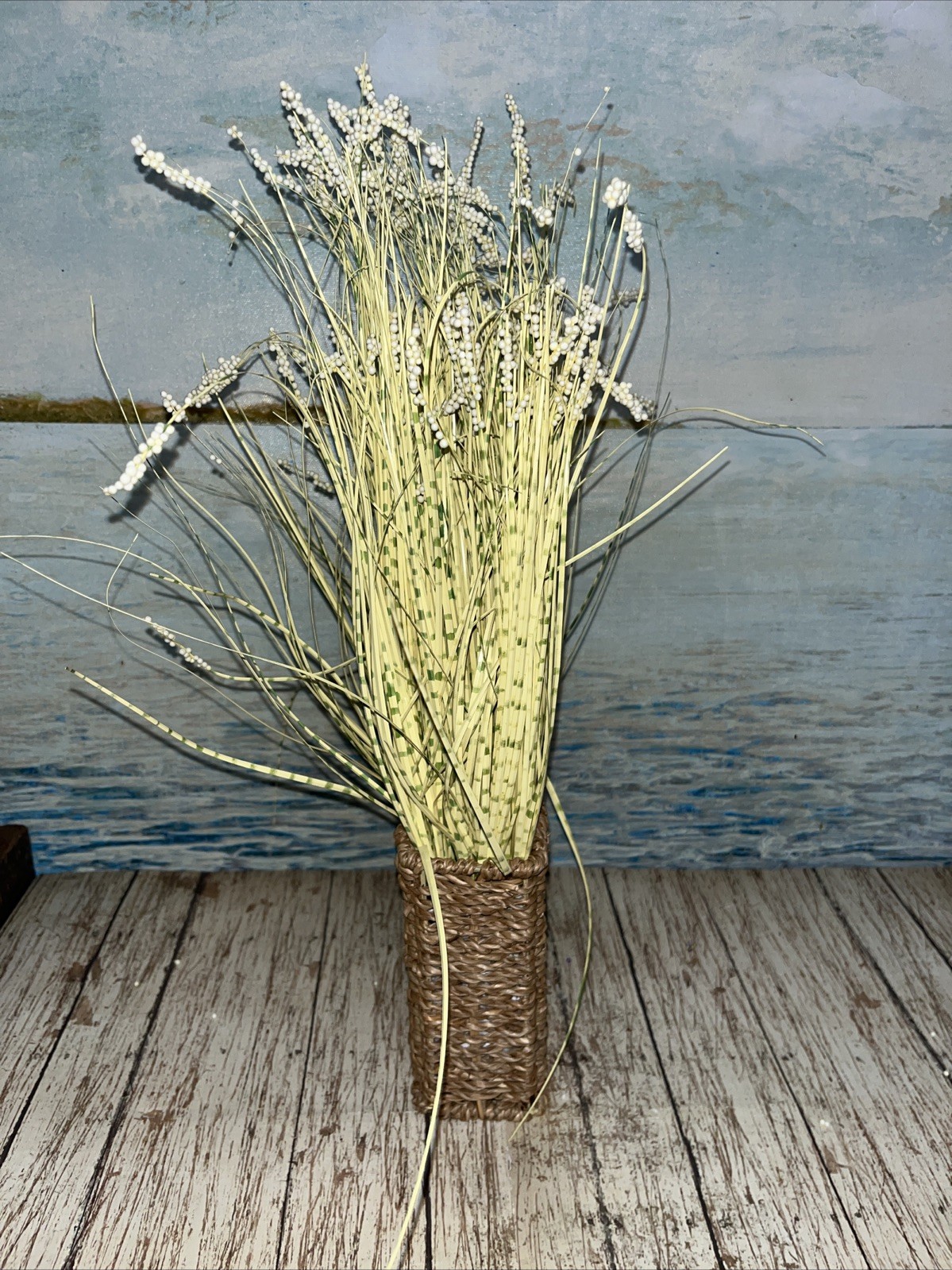 Artificial White Flowers in Woven Sea Grass Basket 4”x16” Green & Yellow Grass