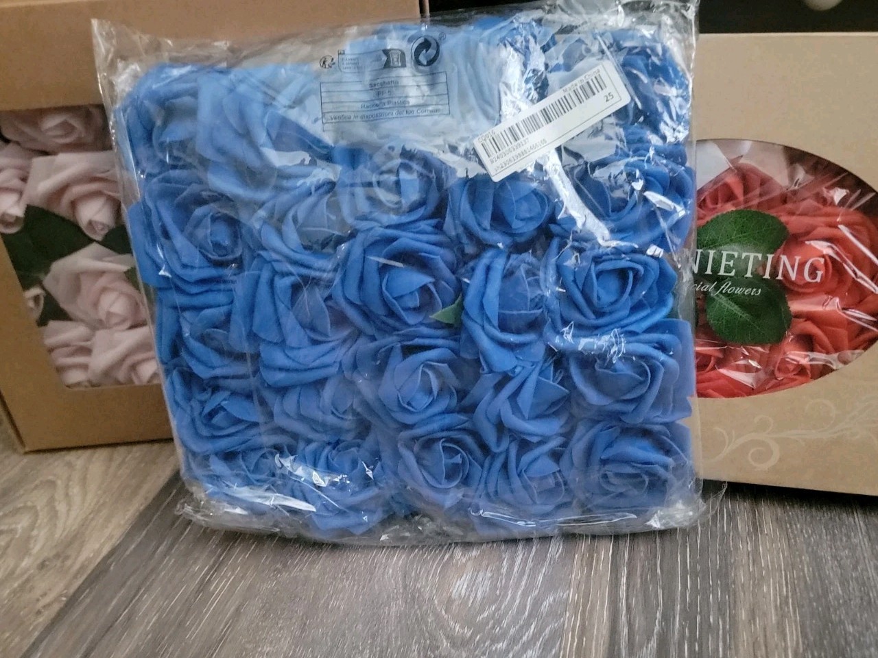 Lot Of 3 Sets~”Real Touch” Roses! New In pkg. Blue, Pink & Orange . 70 Total!