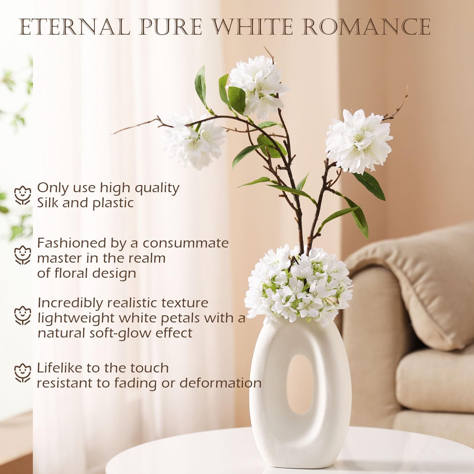 Fake Flower Bouquet and Vase Set Faux Silk Arrangement White Blossoms