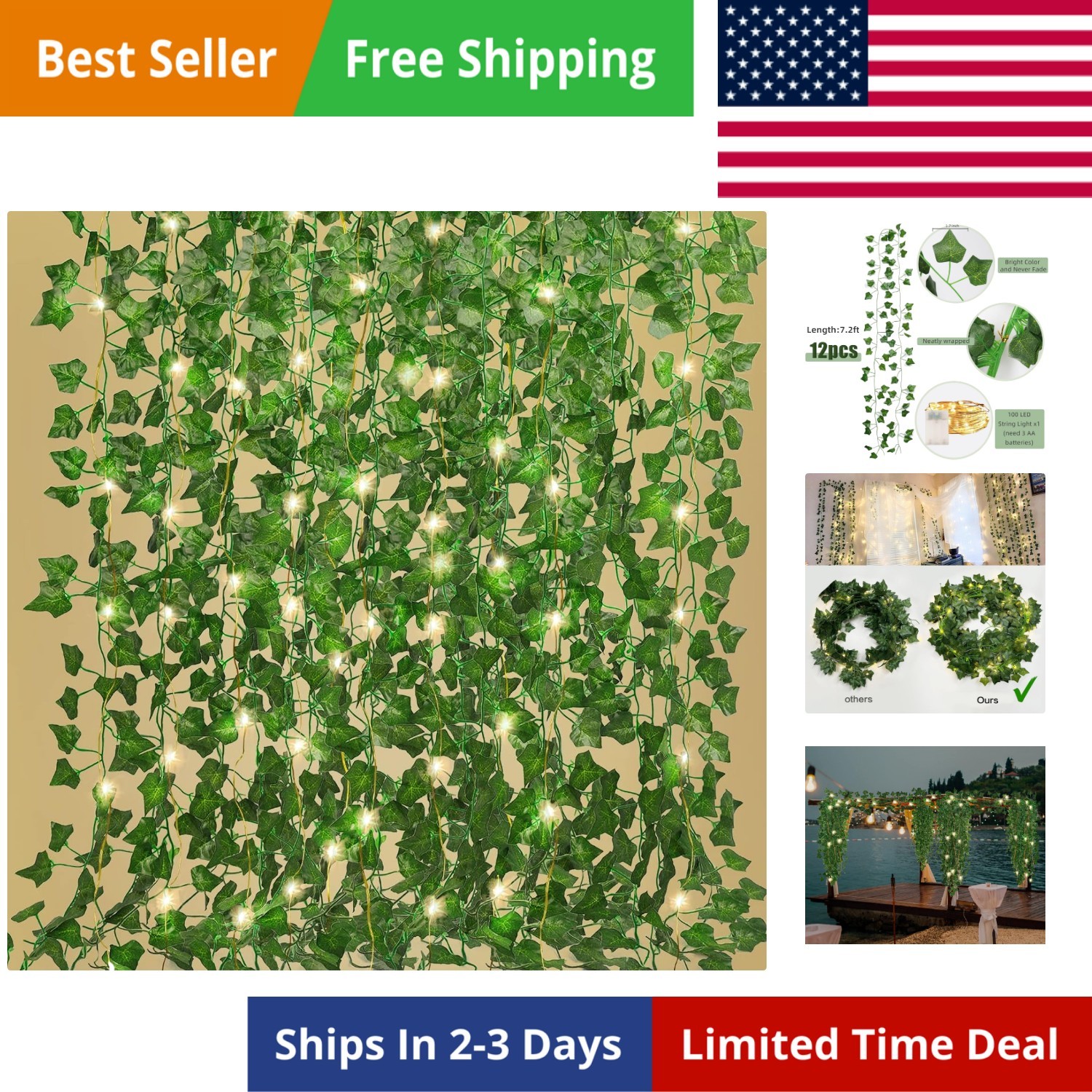 Ivy Fake Vines for Room Decor 12 Pack 86 FT Artificial Plant with 100 LED Str…