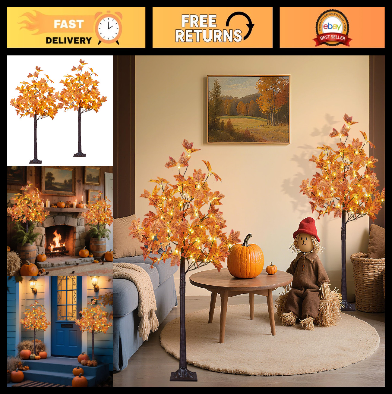 2PCS 4FT LED Lighted Maple Trees – 144 Warm White Lights for Halloween & Fall De