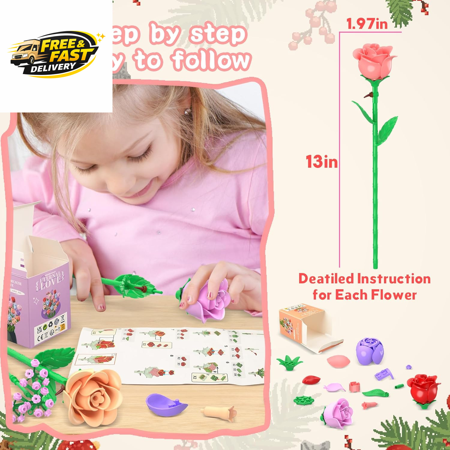 Colorful Rose Bouquet Flowers Building Set, 24 Boxes 1380Pcs Artificial Flowers