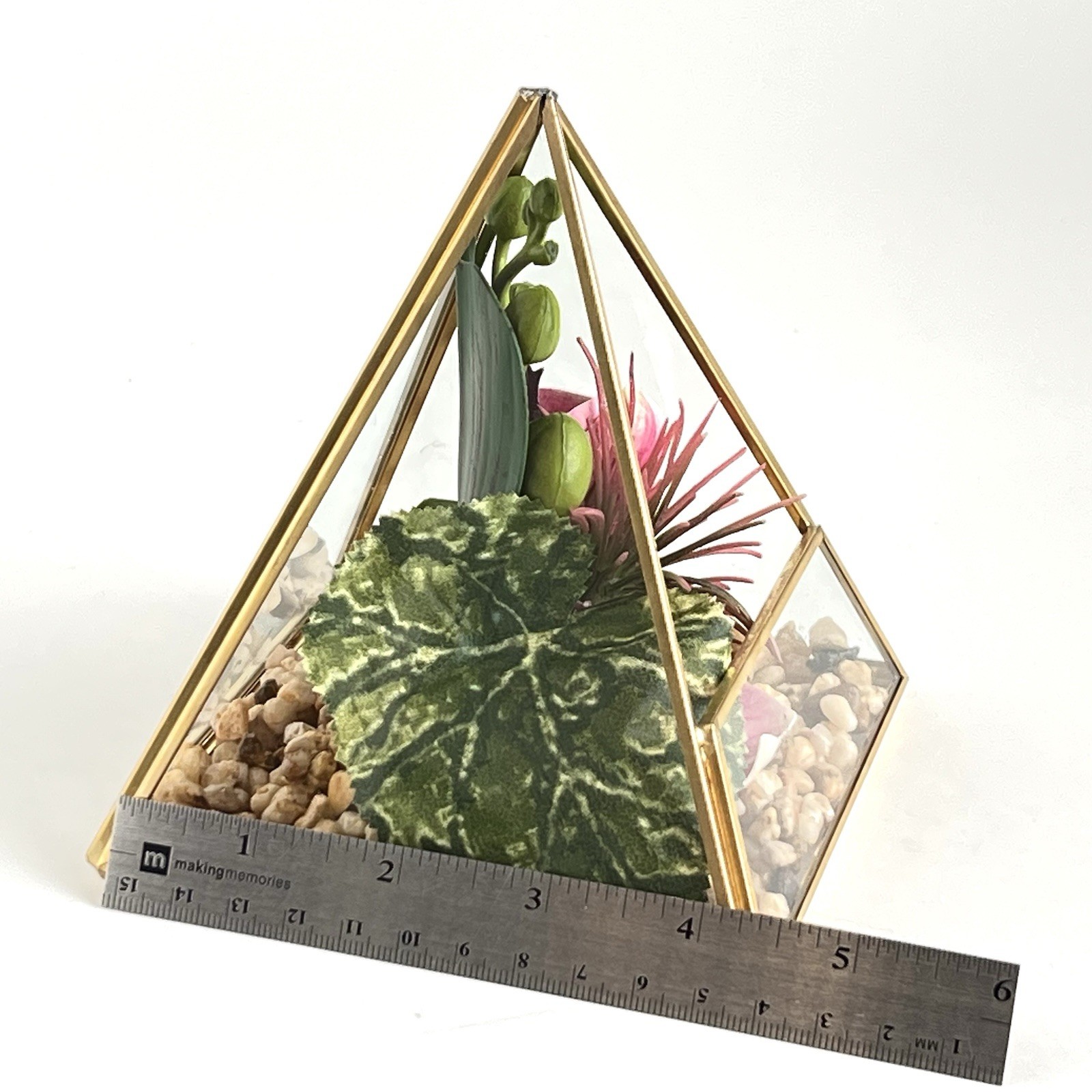 Geometric Pyramid Terrarium Tabletop Planter Artificial Succulents 6” Brass
