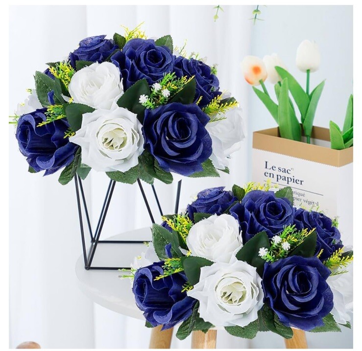 9.5” Floral Centerpiece Navy Blue White Rose Artificial Silk Set Of 2