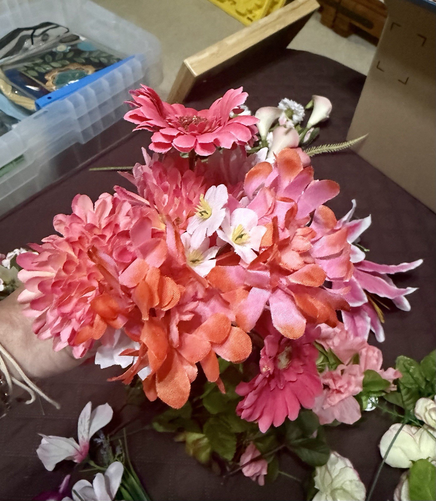 Large Lot / Box of Miscellaneous Artificial Silk Flowers – Pink Shades