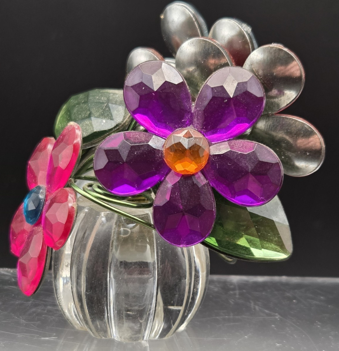 Crystal Expression Ganz 5 Flower Posy Pot Pinks Clear Green Blue Appx 3” Tall