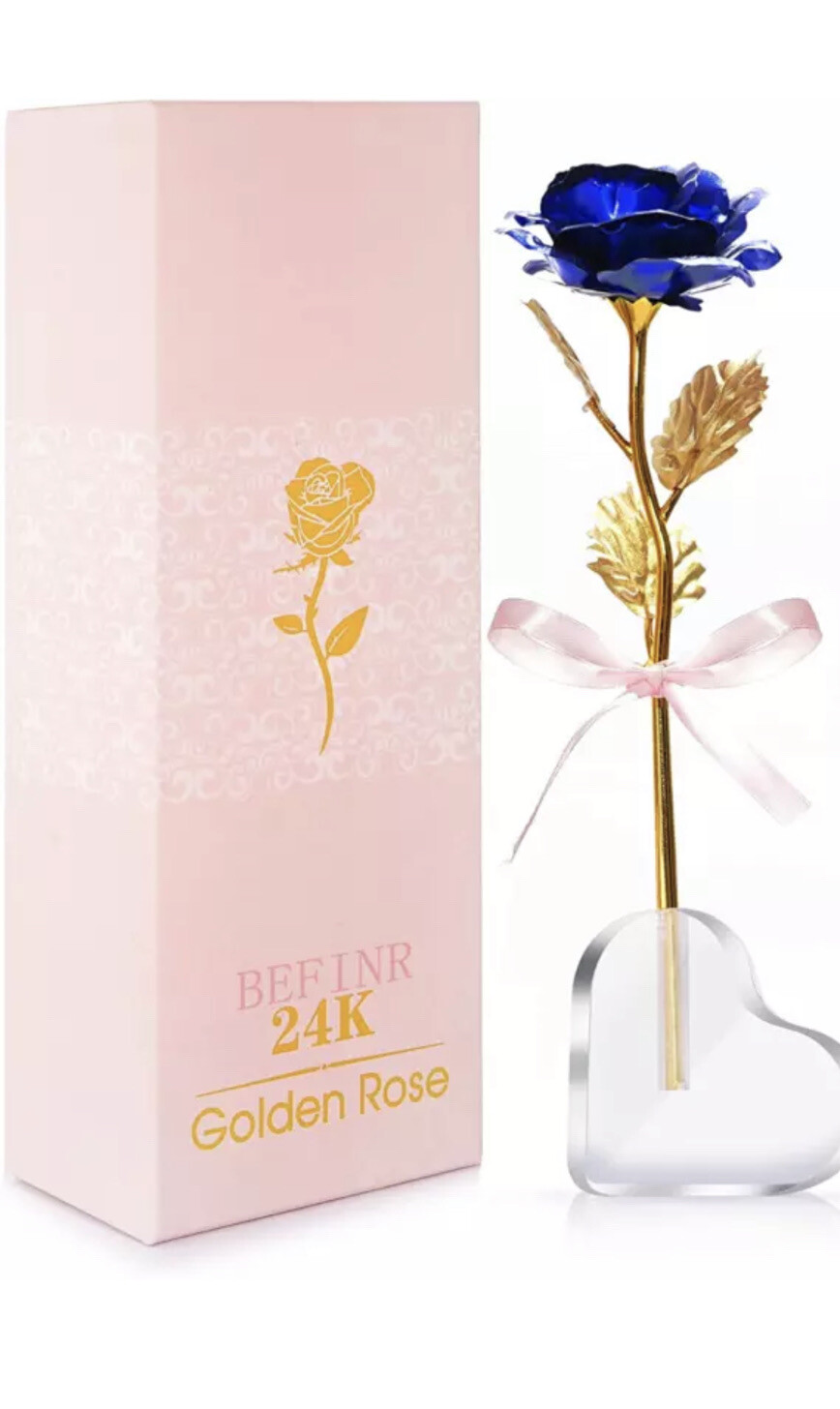BEFINR 24K Gold Stemmed Blue Rose Artificial Forever Flower