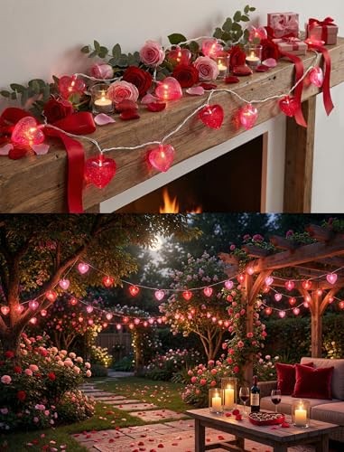 Heart String Lights, 8.5Ft Valentine’s Day Decorations Pink/Red Glitter Heart