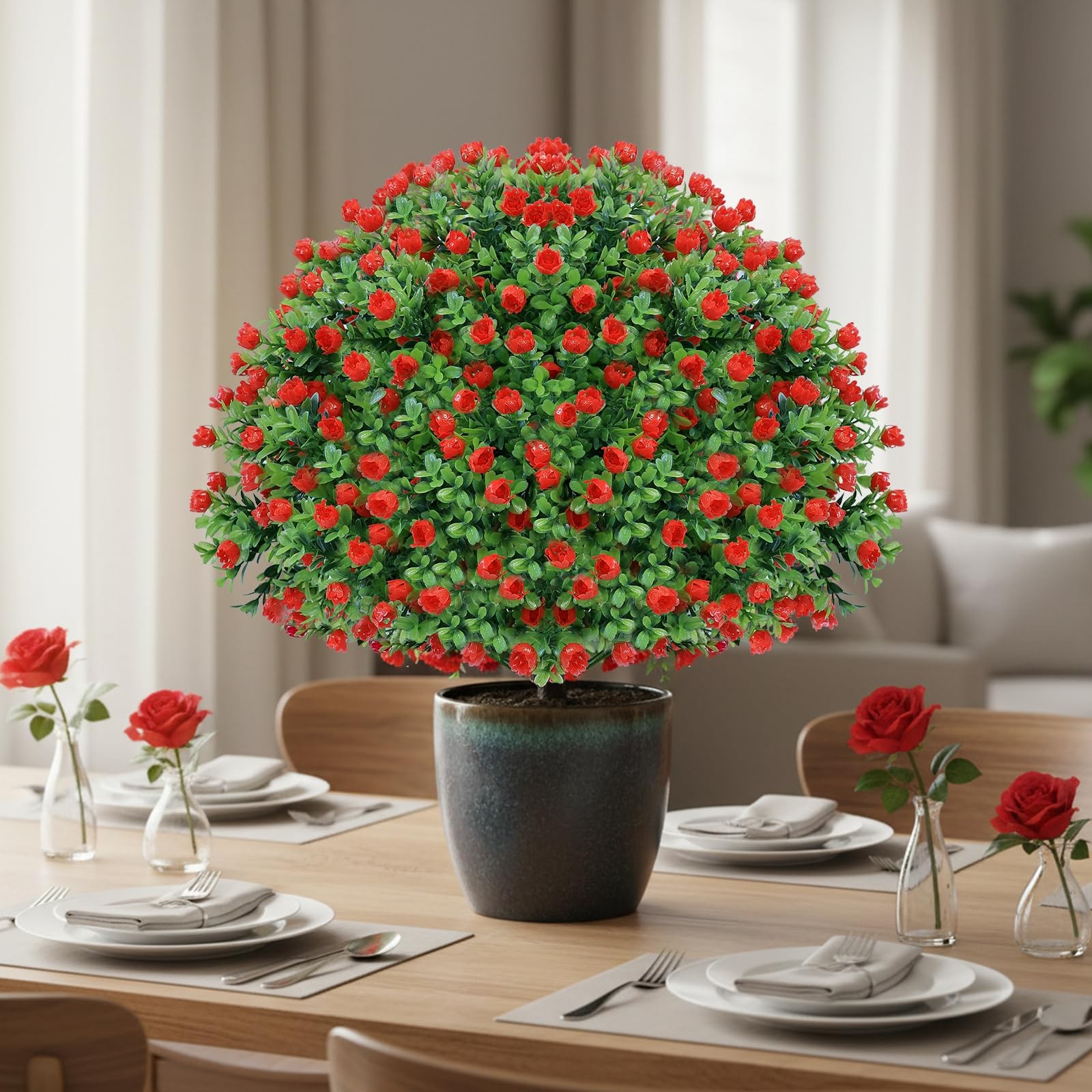 24’’ Artificial Boxwood Topiary Ball Tree with Rose – Set of 2 Artificial Shr…