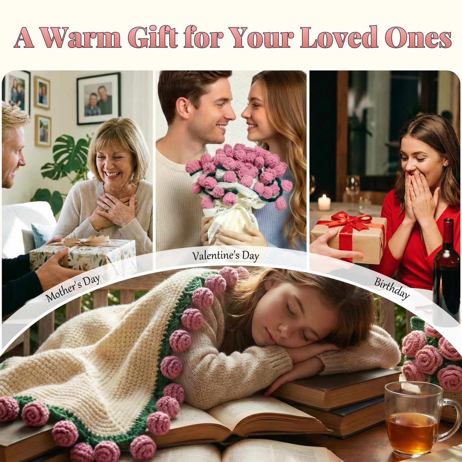 Valentines Day Gifts for Her, 59 Inch Crochet Rose Flower Bouquet Blanket,