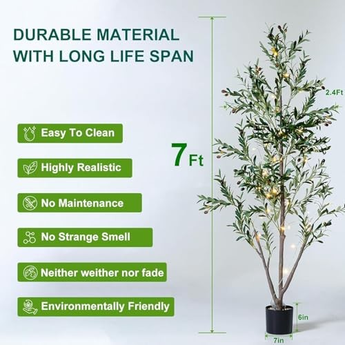 Olive Trees Artificial Indoor, 7FT Tall Faux Olive Tree with Light Kit Moss 7ft