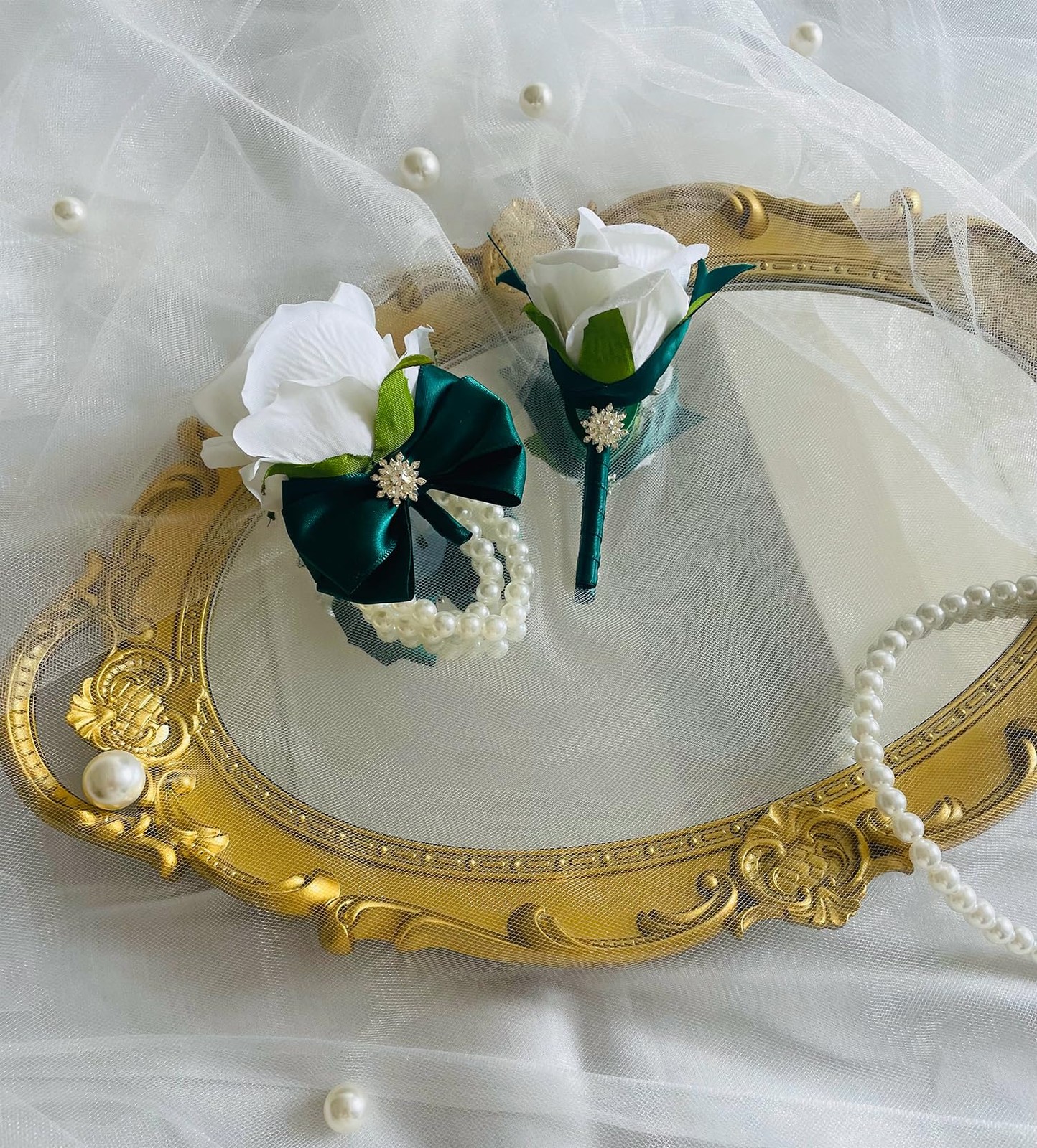Corsage and Boutonniere Set Artificial Flower Green White Wedding Prom