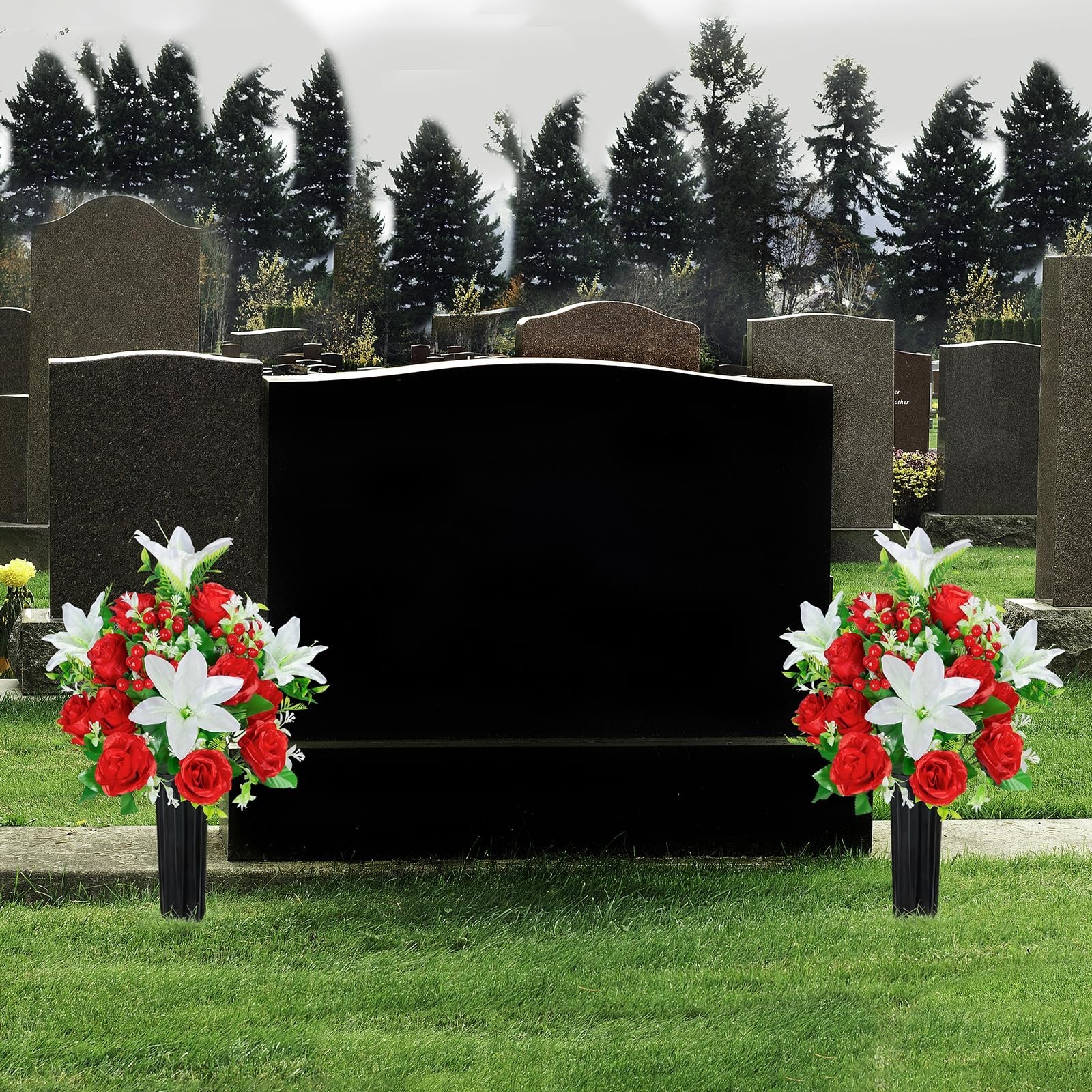 Set of 2 Artificial Cemetery Flowers with Vase – Rose Lily Bouquet for Graveside