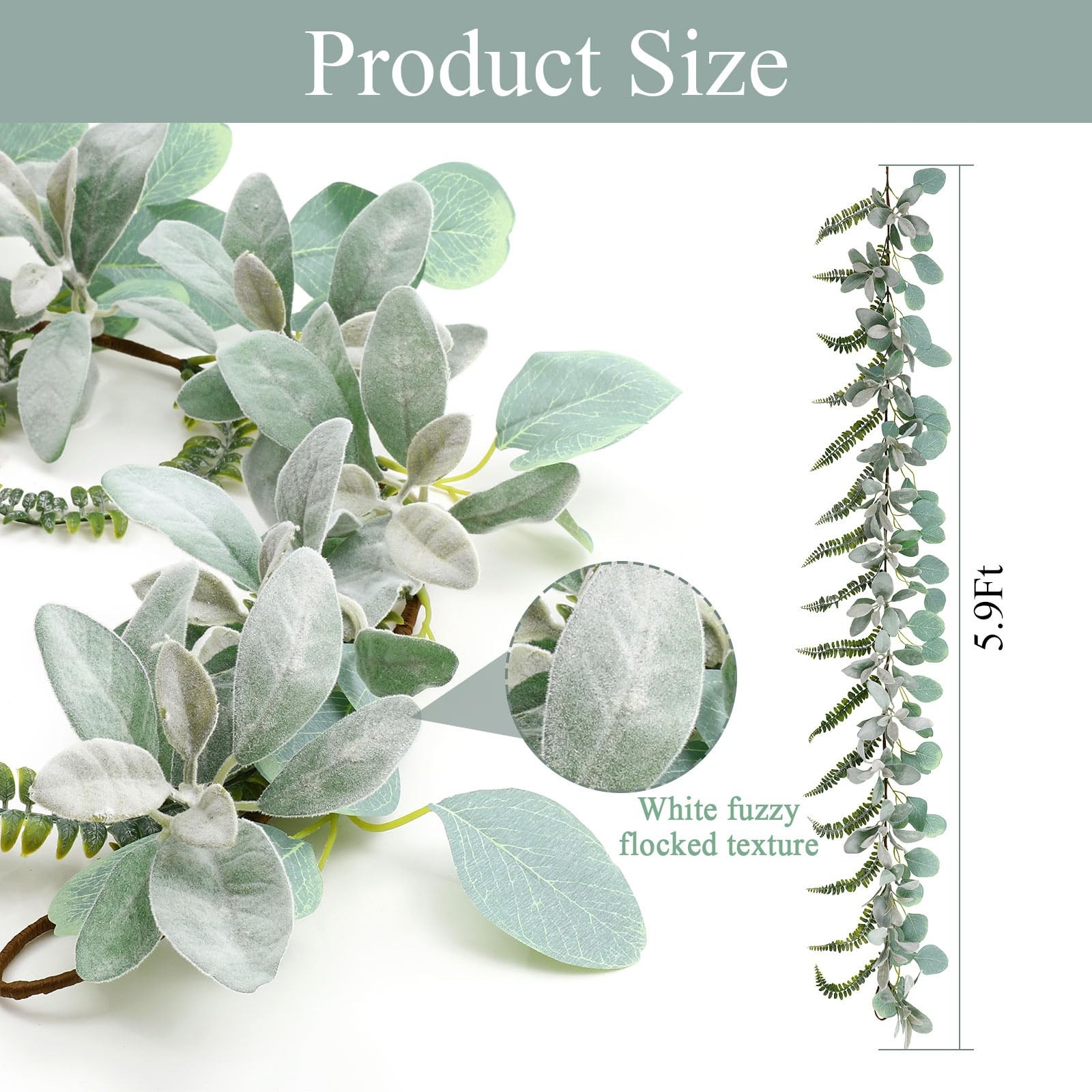 2 Pack 11.8 ft Artificial Flocked Lambs Ear Garland Eucalyptus Fern Leaves Gr…
