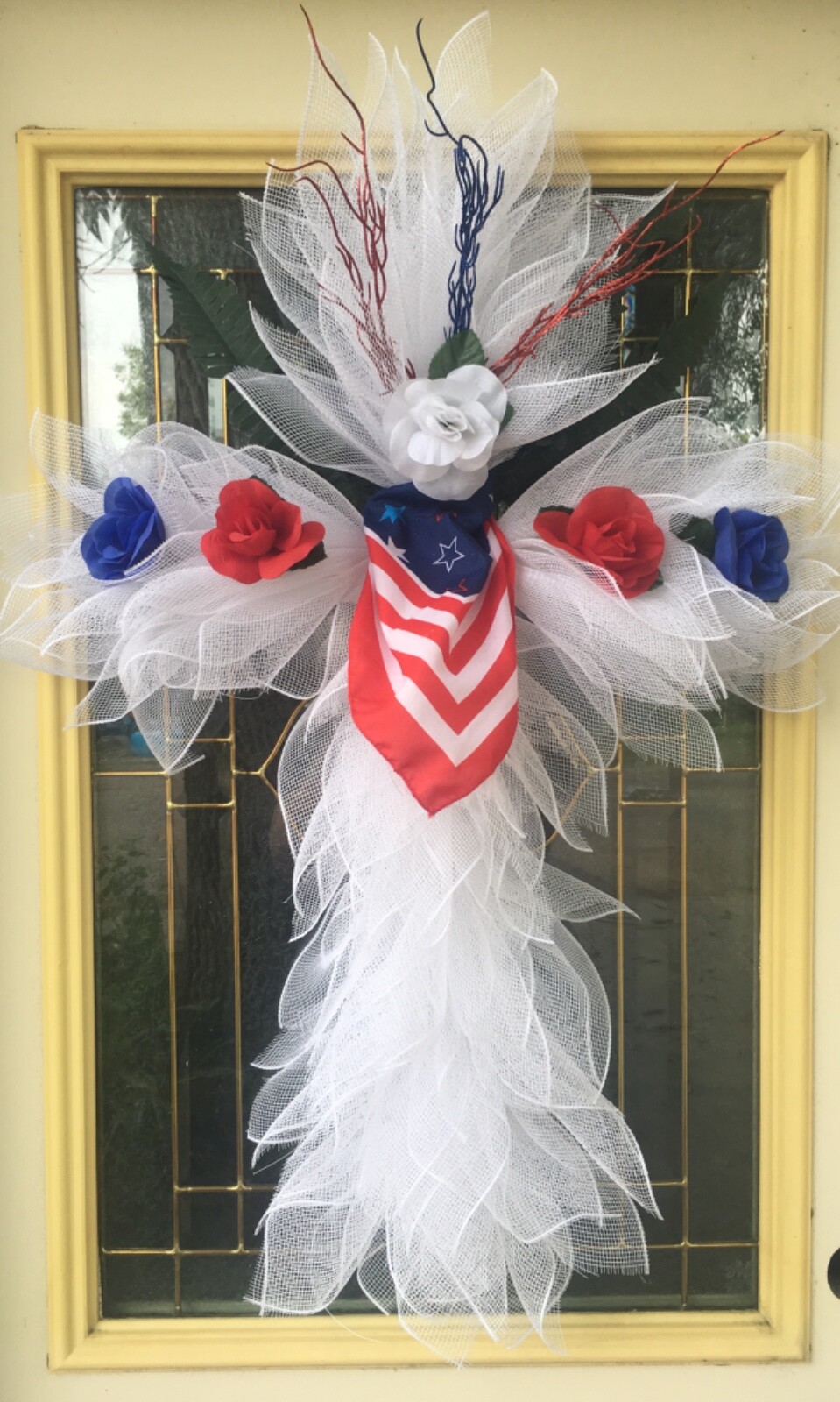 Handcrafted Deluxe Patriotic Deco Mesh Handmade Cross Wreath Wall or Door Decor