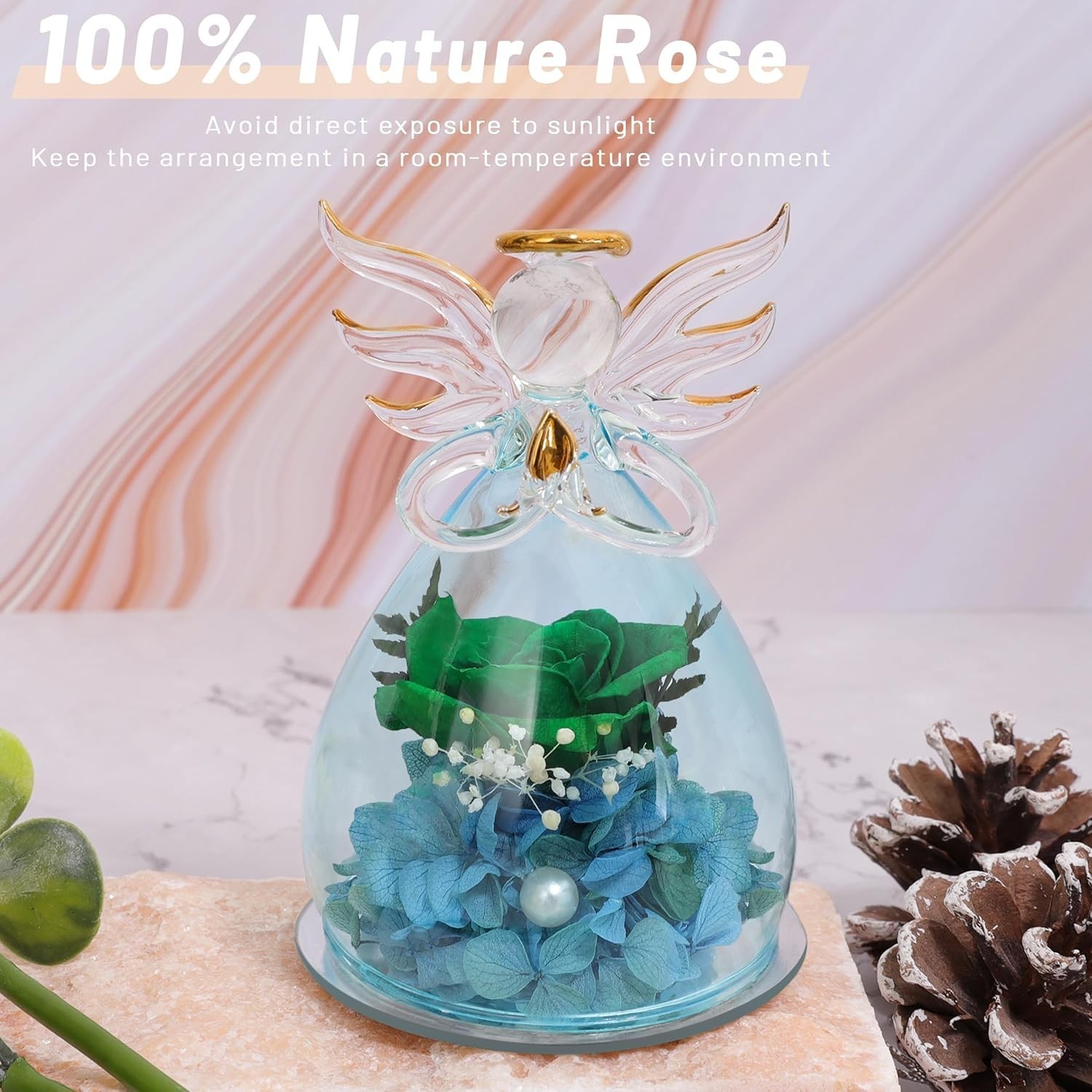 Borosilicate Glass Angel Figurine with Lasting Green Rose – Ideal Home Decor