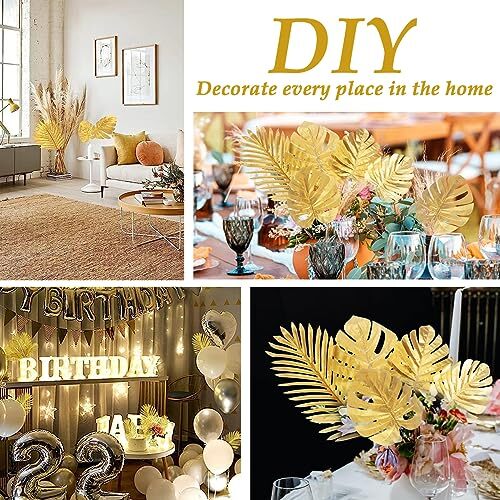 12 Pcs Artificial Gold Palm Leaves Tropical Party Leaves Table Wall Decoration