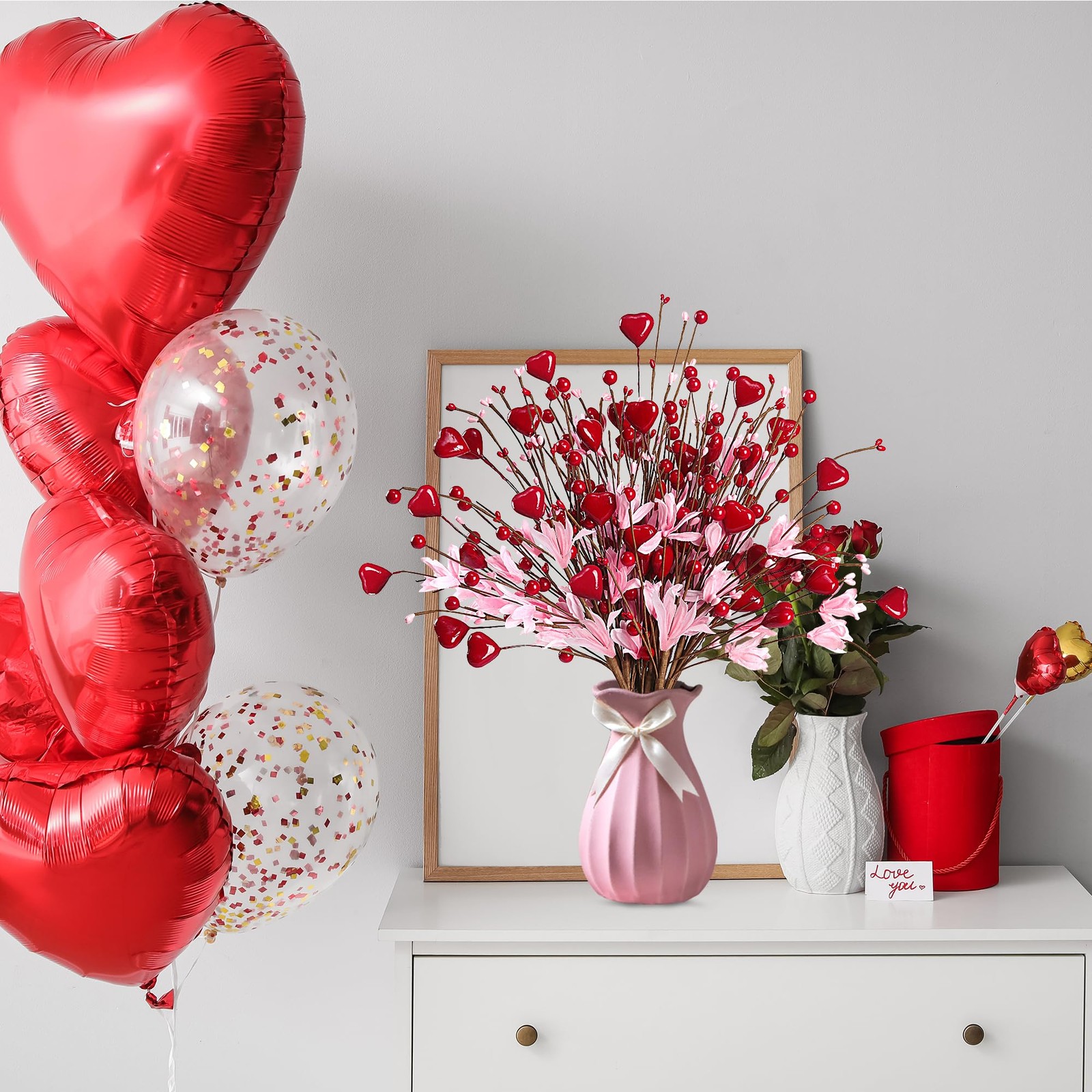 Valentine’s Day Gifts 12 Pcs Heart Shaped Berry Picks Artificial Red Heart Be…