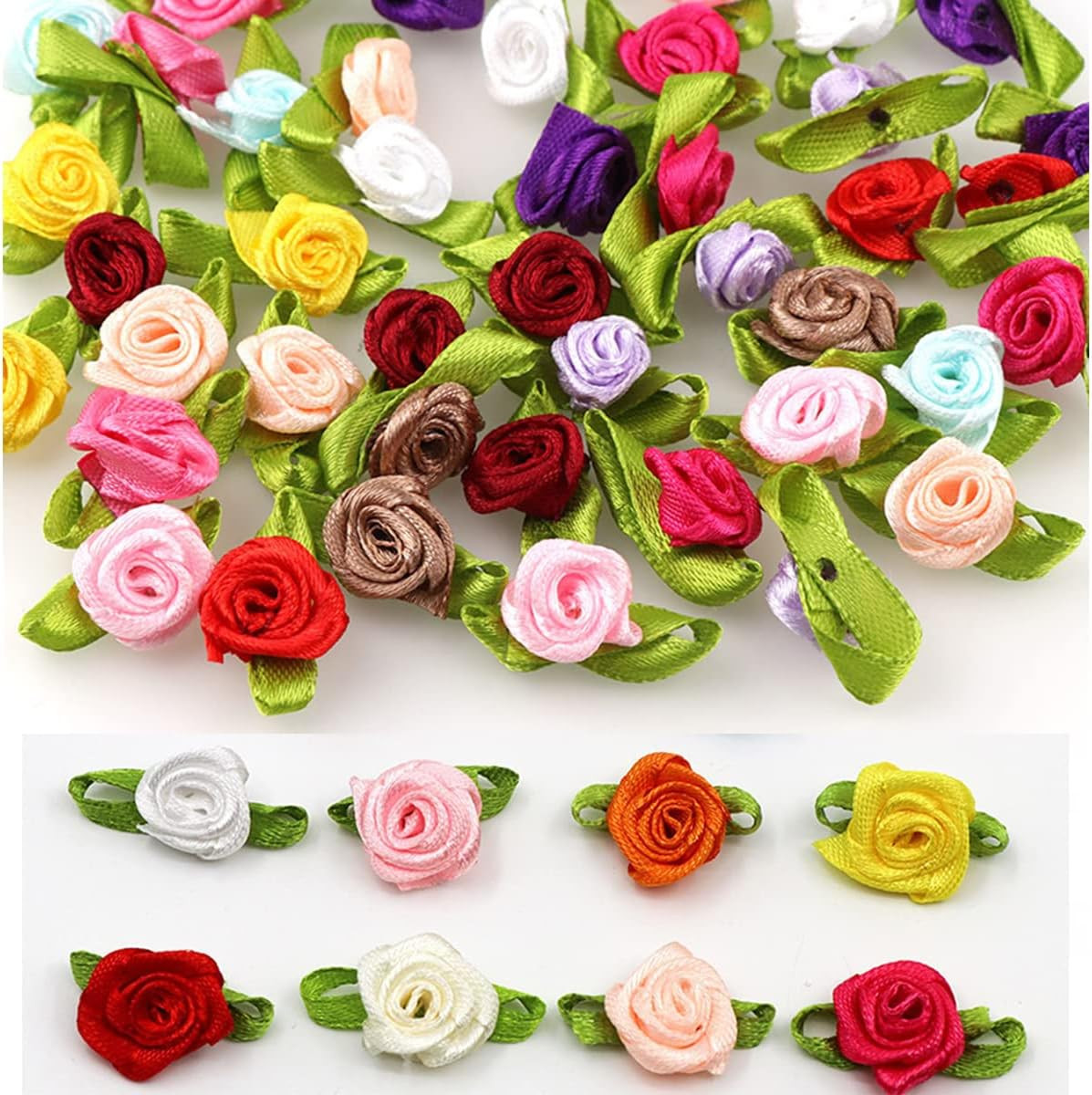 Mini Ribbon Roses, 100Pcs Artificial Fabric Flowers with Green Leaves Mixed Colo