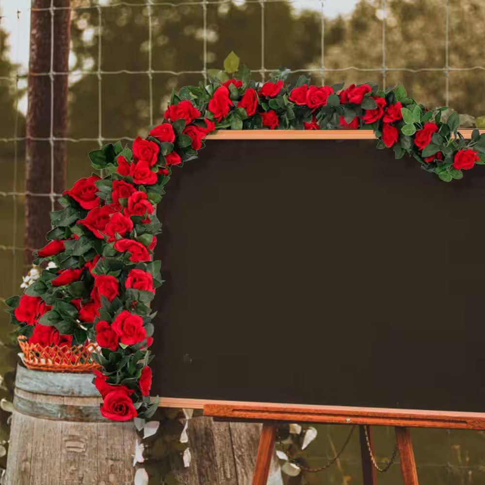 4.72 In. Red Artificial Rose Vine Silk Flower Garland 4-Pieces with Greenery Pla