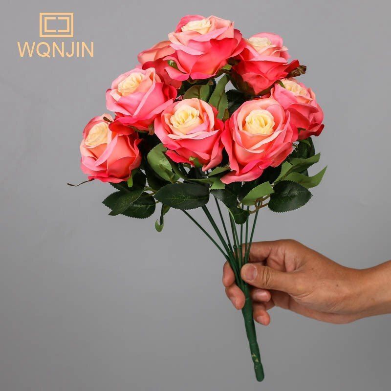 9 Artificial Rose Heads Big Bouquet Silk Flower Bunch – DIY Wedding Party Decor